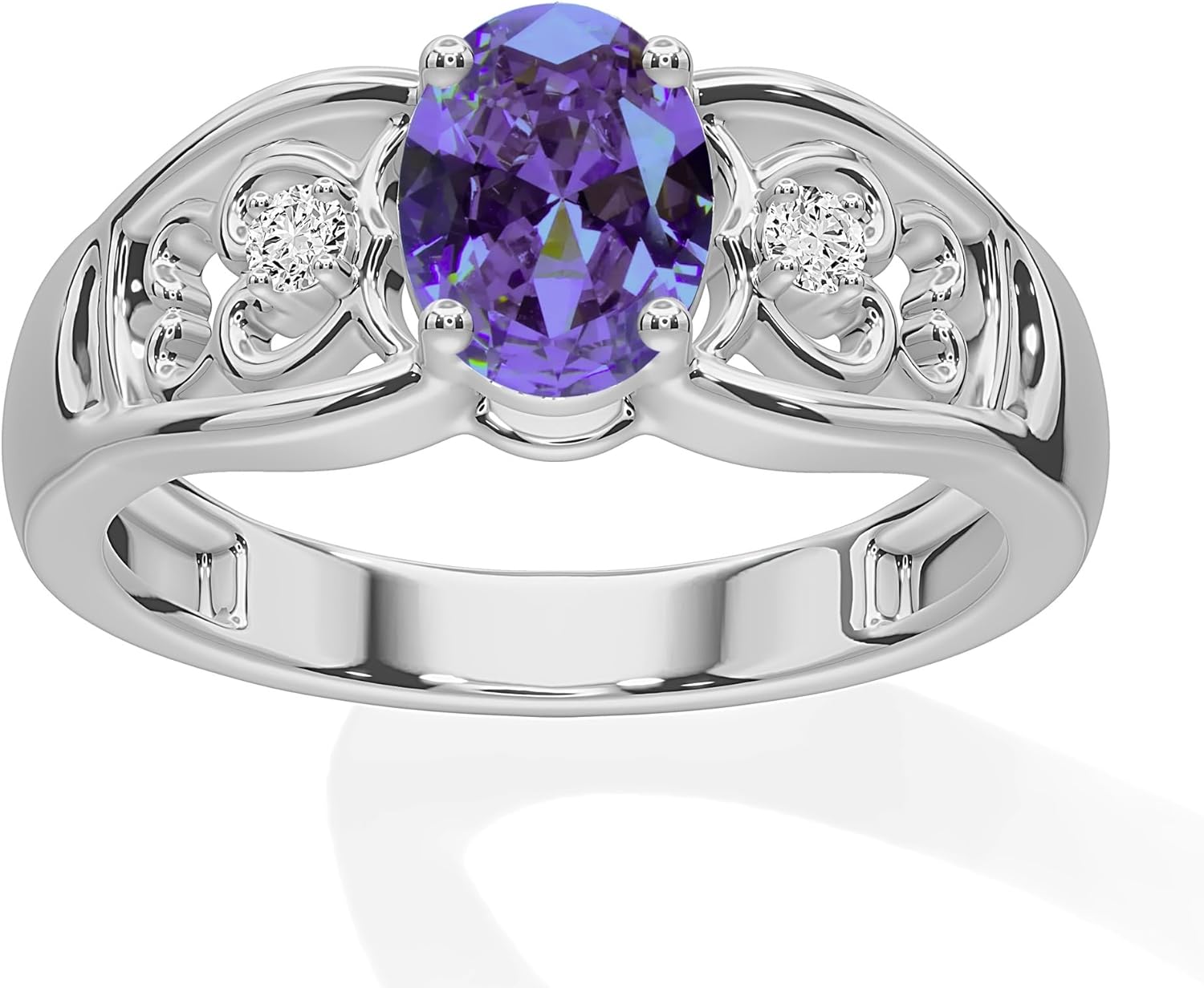 THE JEWEL ZONE Solitaire Engagement Rings for Women, Center 8X6MM Simulated Amethyst With White CZ Gemstone Ring In 14K Gold Plated 925 Sterling Silver