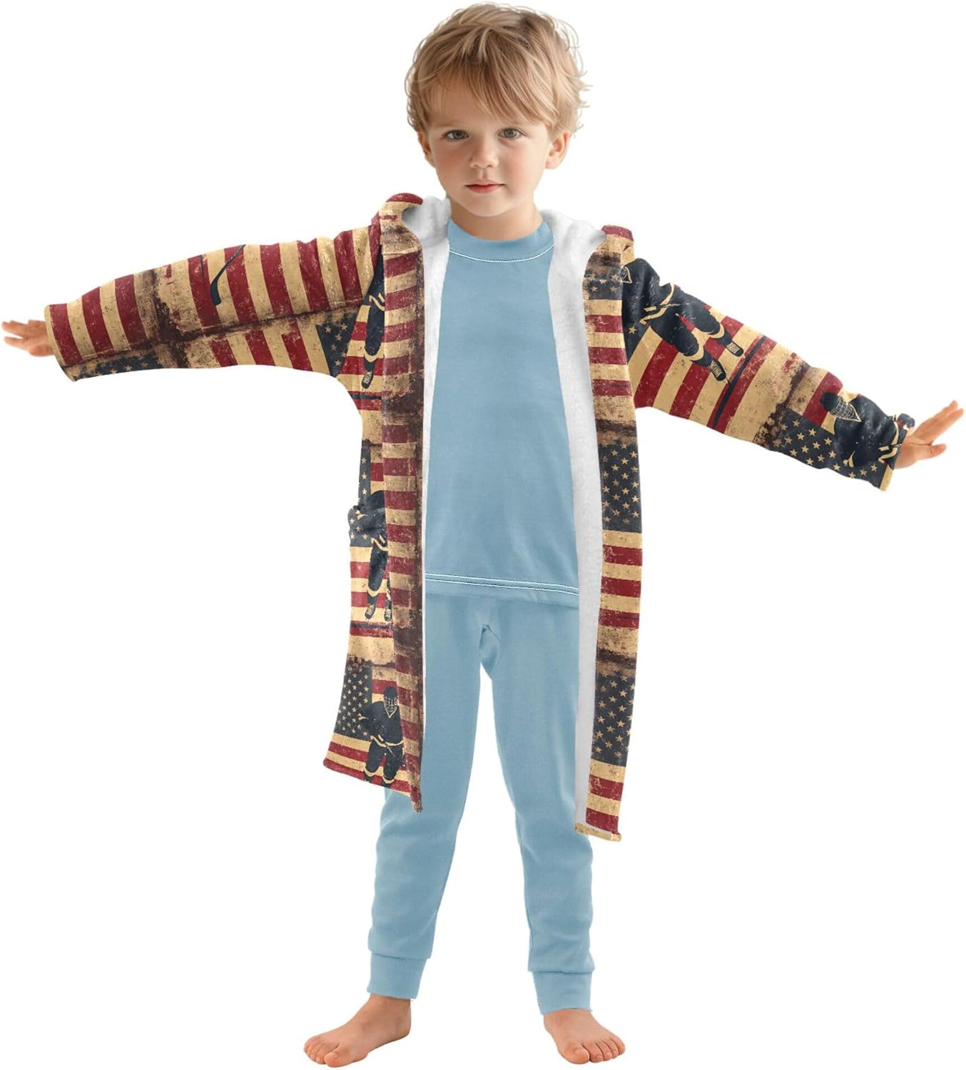 Ice Hockey Player American Flag Bathrobe Hooded PJ Robe Soft Fleece Robe Pajama Sleepwear 2-12 Years