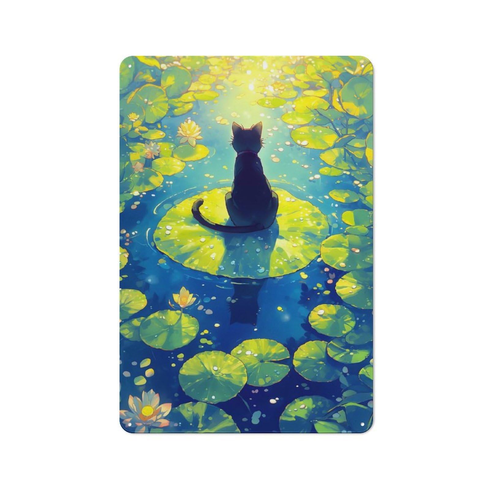Vintage Cafe Metal Sign 30x20cm Featuring Black Cat on Lily Pad - Pound Lake, Bistro Wall Plaque for Tea Room, Shop Wall Or Breakfast Area