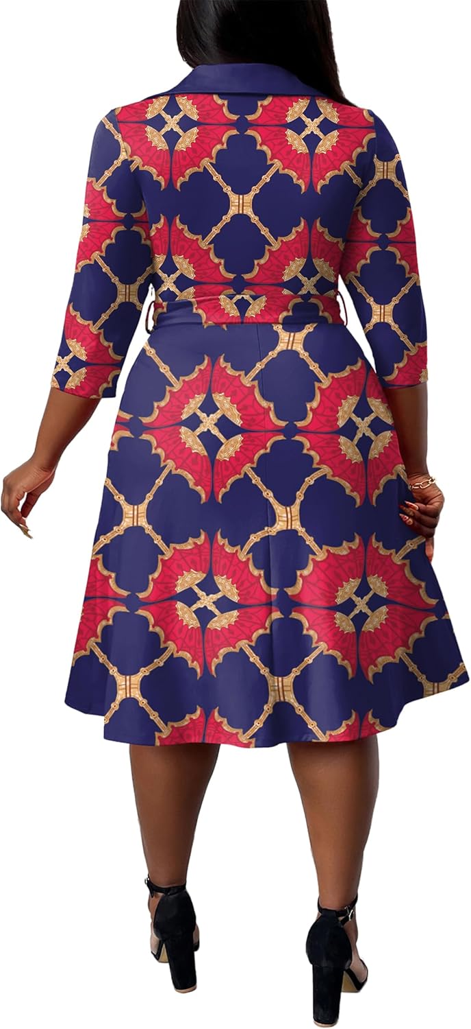 FANDEE Plus Size Midi Dress for Women - Printing Summer Dresses for Wedding Guest Cocktail Party 3/4 Sleeve V Neck（L-5XL） - Image 3