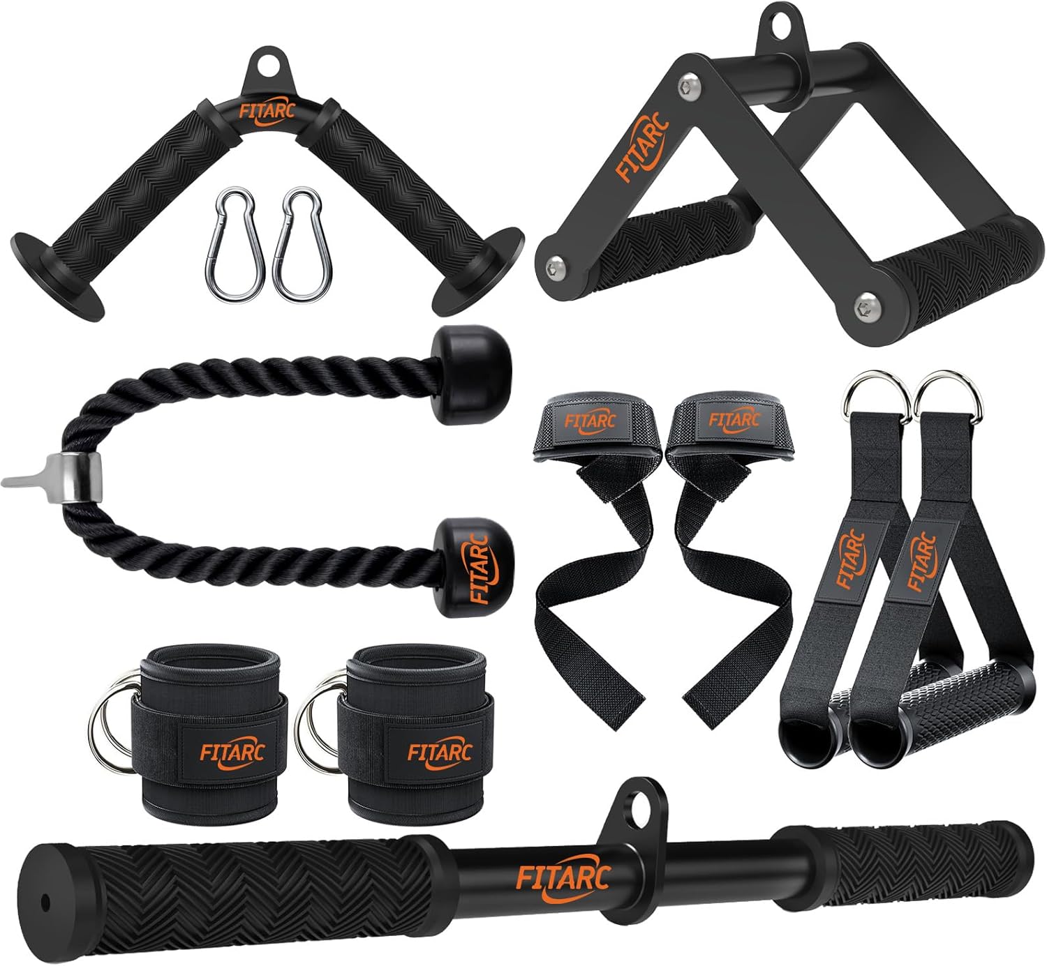 Fitarc Cable Machine Attachment Set for Home Gym, LAT Pulldown & Tricep Pushdown Attachments with D Handle, V Bar, Tricep Rope, Straight Bar, Stirrup Handles, Ankle Strap & Lifting Straps