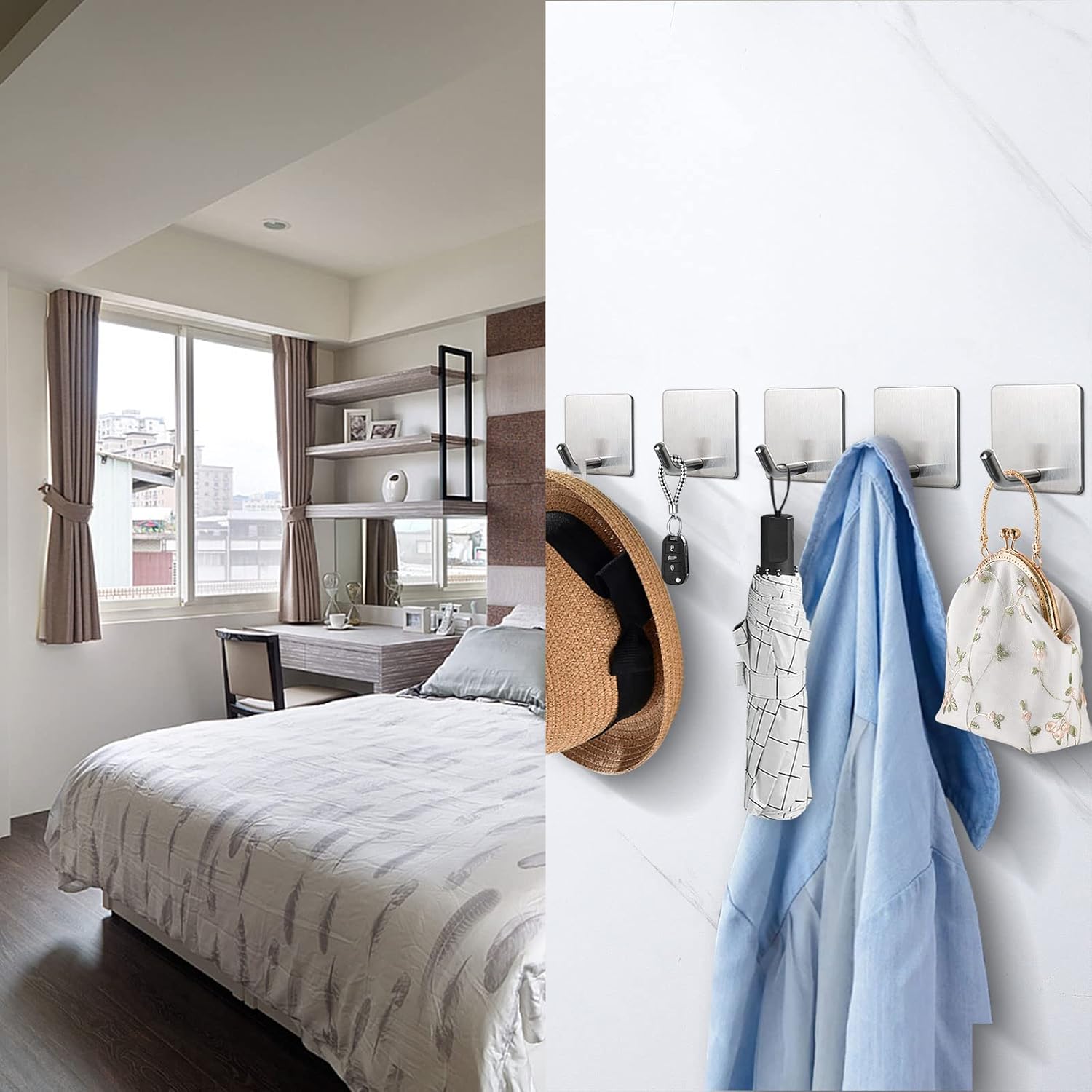 Heavy Duty Adhesive Hooks Stainless Steel Towel Hangers(Brushed Nickel)
