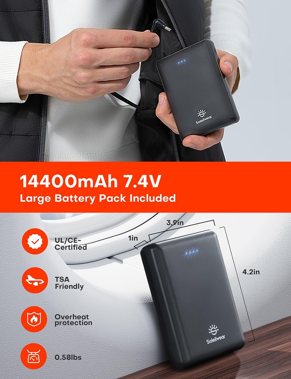 Diagram showing 9 heating zones in the Soleilwear heated vest, with safety and control features.