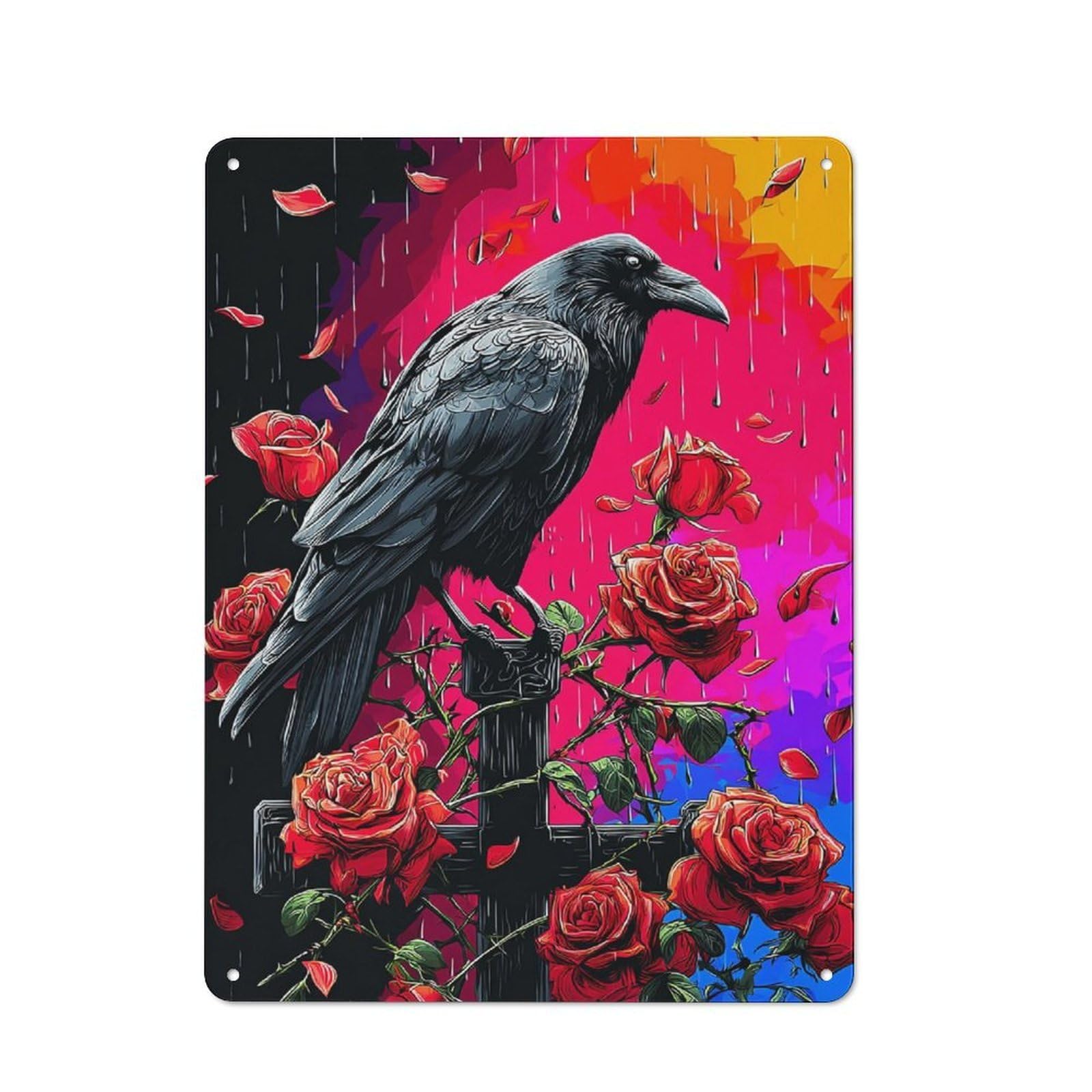 Junmoney Raven Amidst Falling Petals Character Decorative Tin Plaque 40X30cm Featuring Small Space Decor For Bedroom, Kitchen, Office Or Living Room