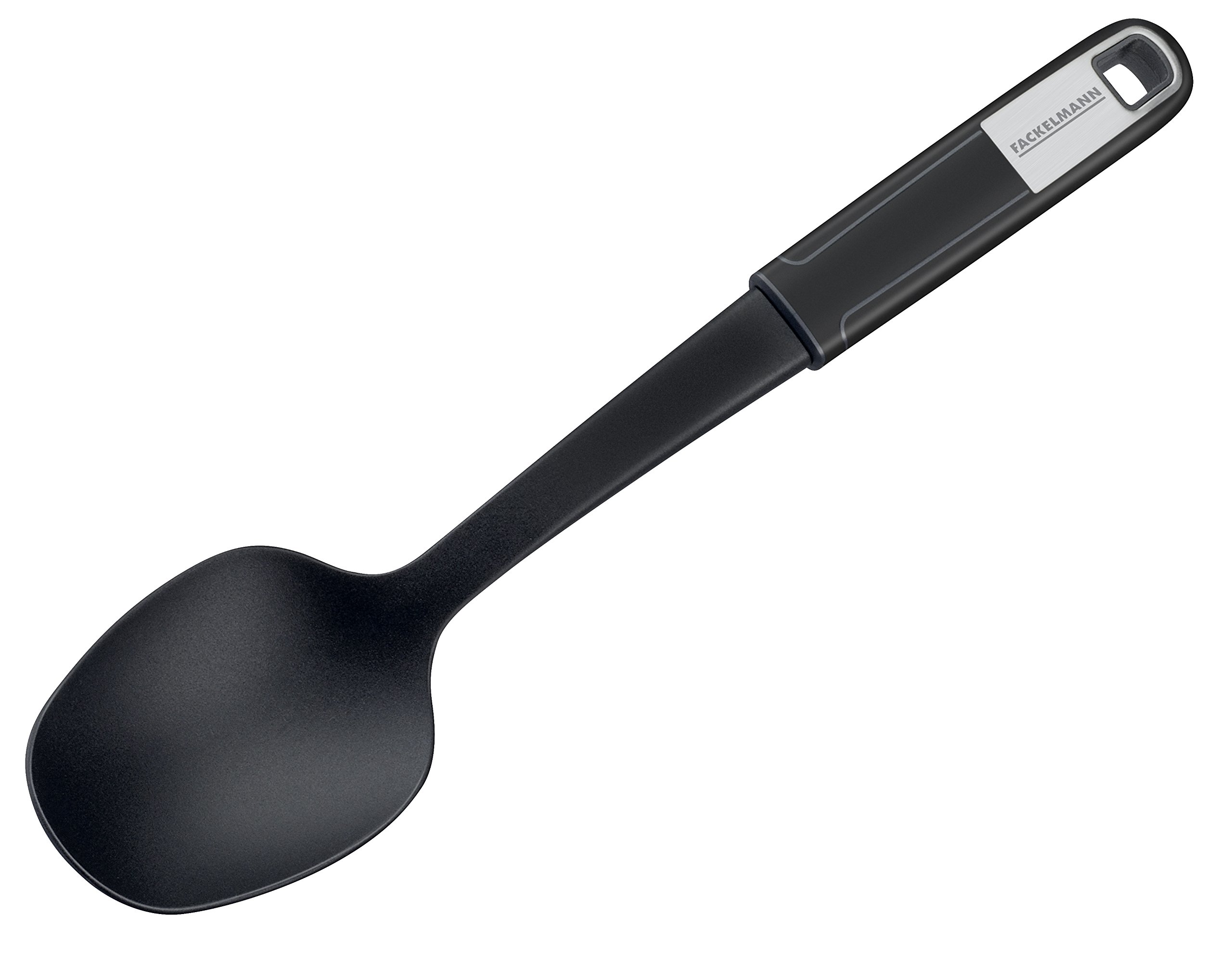 Fackelmann Sense Serving Spoon 31 cm with Plastic Functional Parts, Non-Slip Soft-Touch Handle, for Coated Pans and Pans (Colour: Silver/Black) Quantity: 1 Piece
