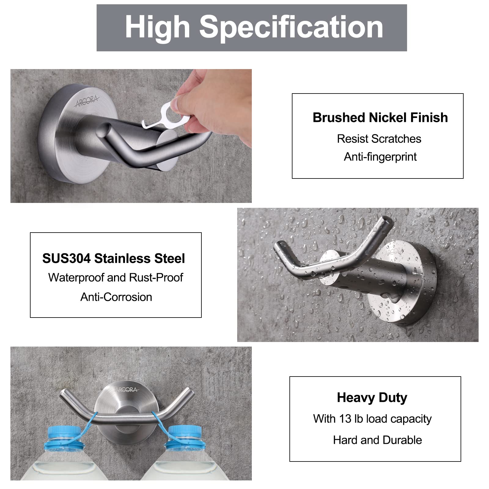 ARCORA Stainless Steel Double Robe Hooks, Brushed Nickel, 2 Pack, 13 lbs Capacity, Modern Bathroom Wall Mount Towel Hooks - Image 4