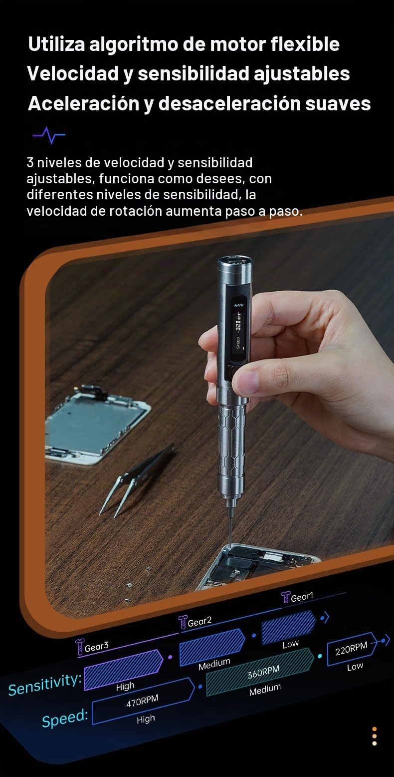 MINIWARE ES15S Destornillador eléctrico Motion Control Herramienta de Carga 24 Bits Pantalla OLED Batería Recargable para Phone Laptop Cámara
