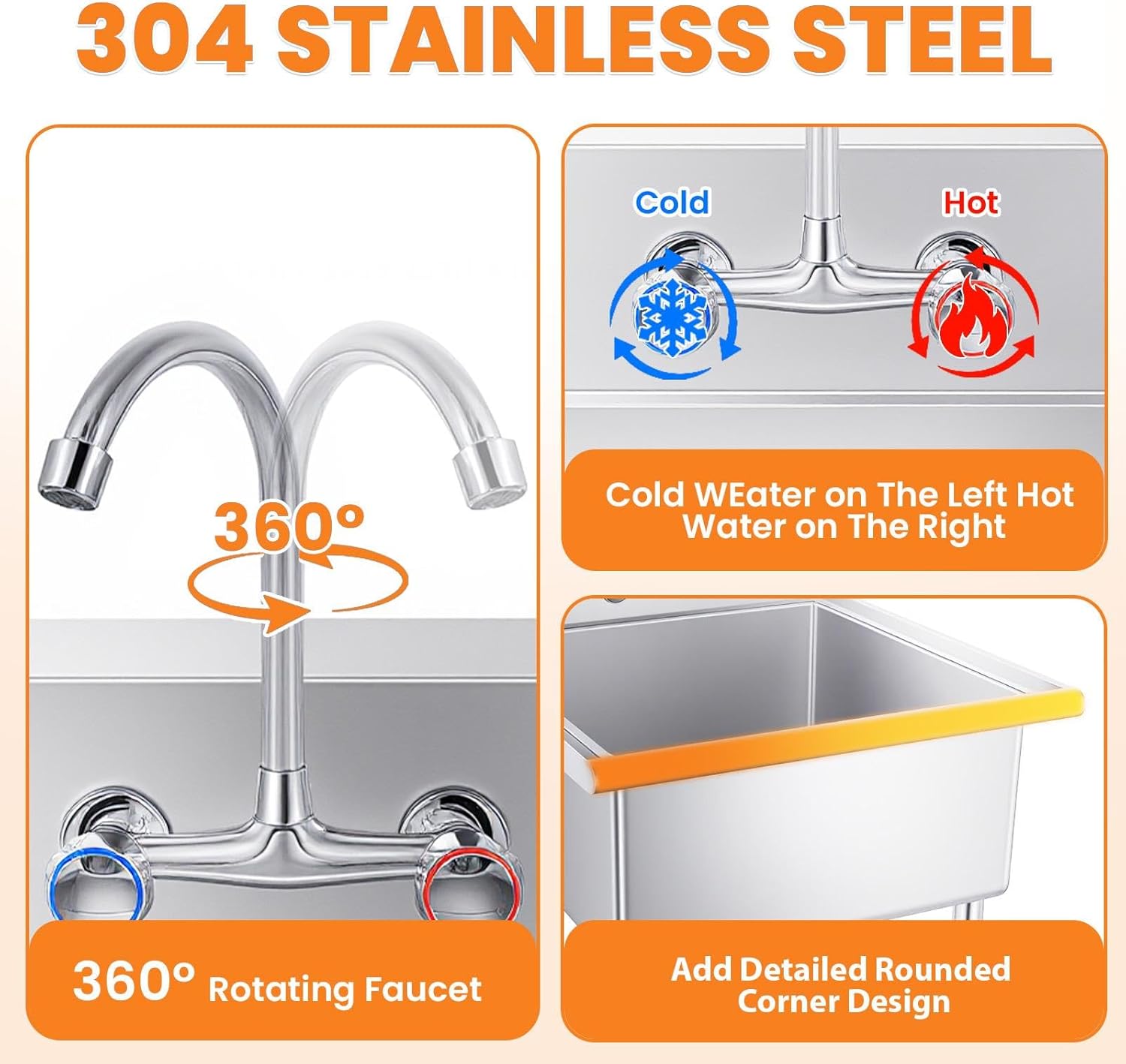 Stainless Steel Utility Sink, Commercial Grade 41 Inch Height with Faucet & Drain Kit, Professional Kitchen Prep Sink, Portable Laundry Sink for Outdoor Garage Workshop RV Campsite