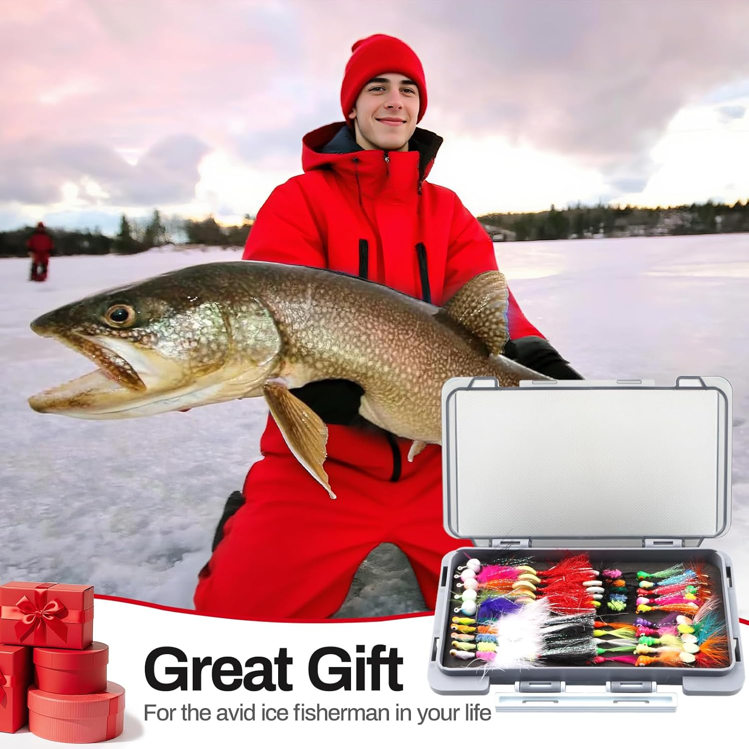 Ice Fishing Jigs Kit 100pcs Lures Bait Icefishing Set Crappie Jig Hooks Gear Accessories for Walleye Panfish with Tackle Box Gifts for Men