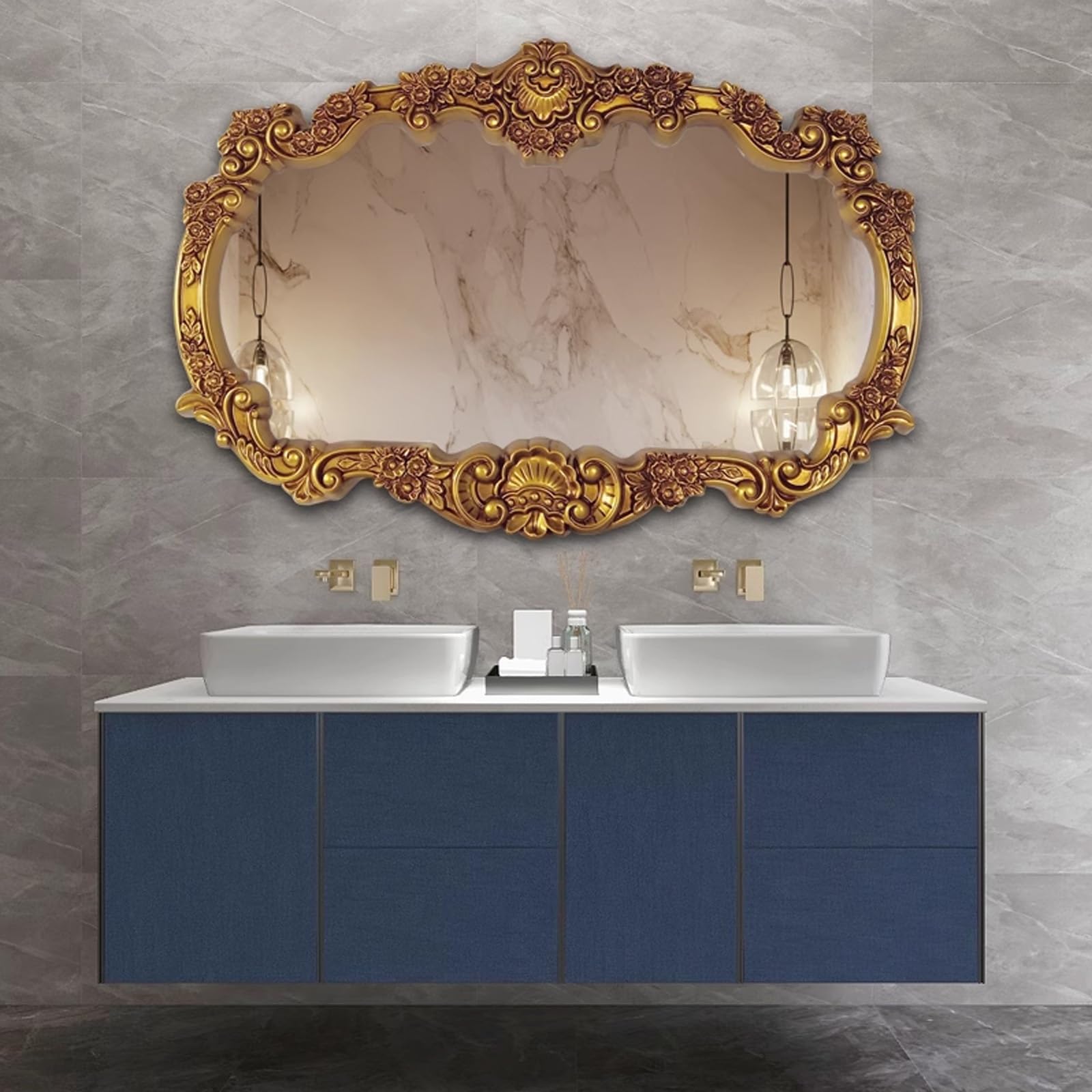 Extra Großer Dekorativer Barockspiegel Mit Rahmen, Spiegel Bad 115x78cm 147x95cm Rechteckiger Badezimmer-Wandspiegel, Horizontal Hängender Vintage-Spiegel Badezimmer，Gold, Silber(Gold)