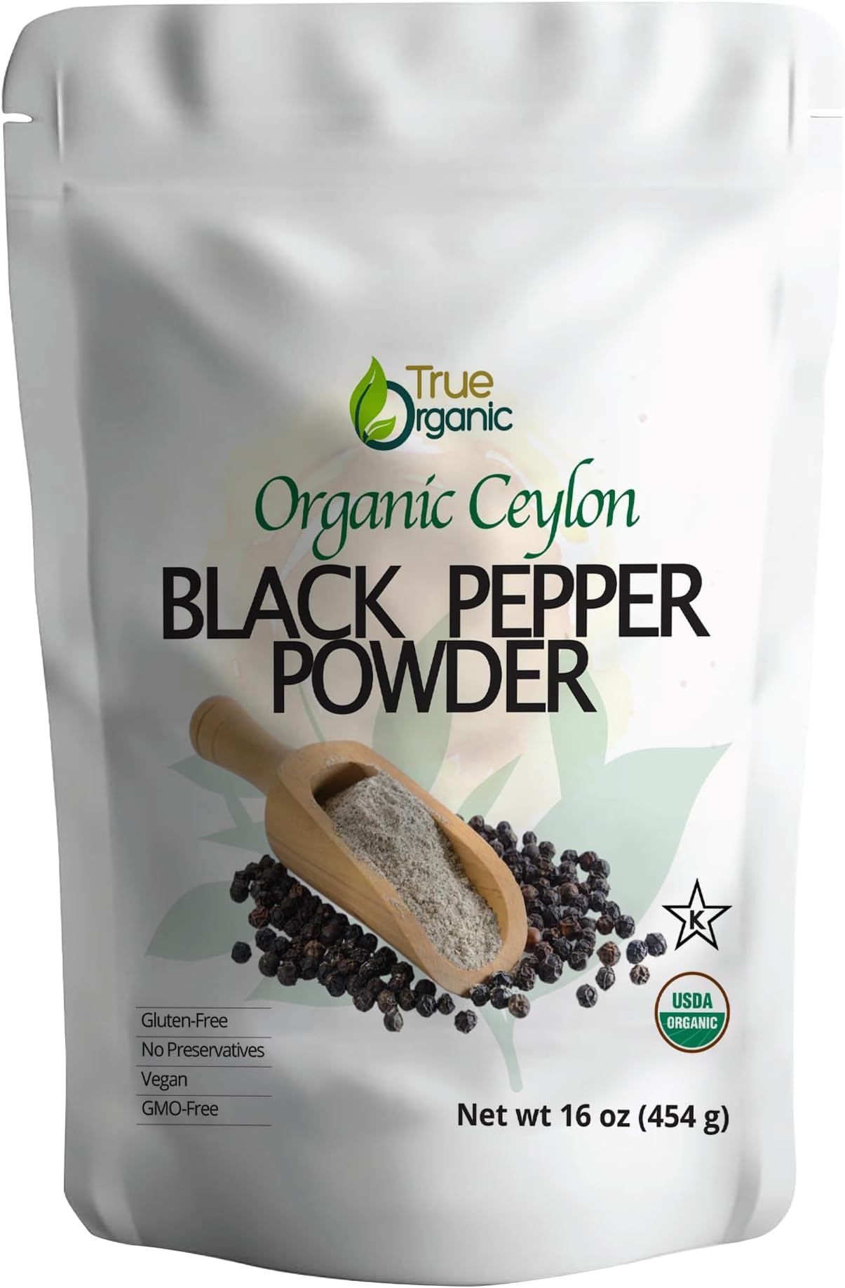 True Organic Black Pepper Ground, 1 lb, Gluten-Free Premium Grade, Fine Ground Pepper USDA & Kosher Certified, Pure Ceylon Quality, Non-GMO Black Pepper Powder.