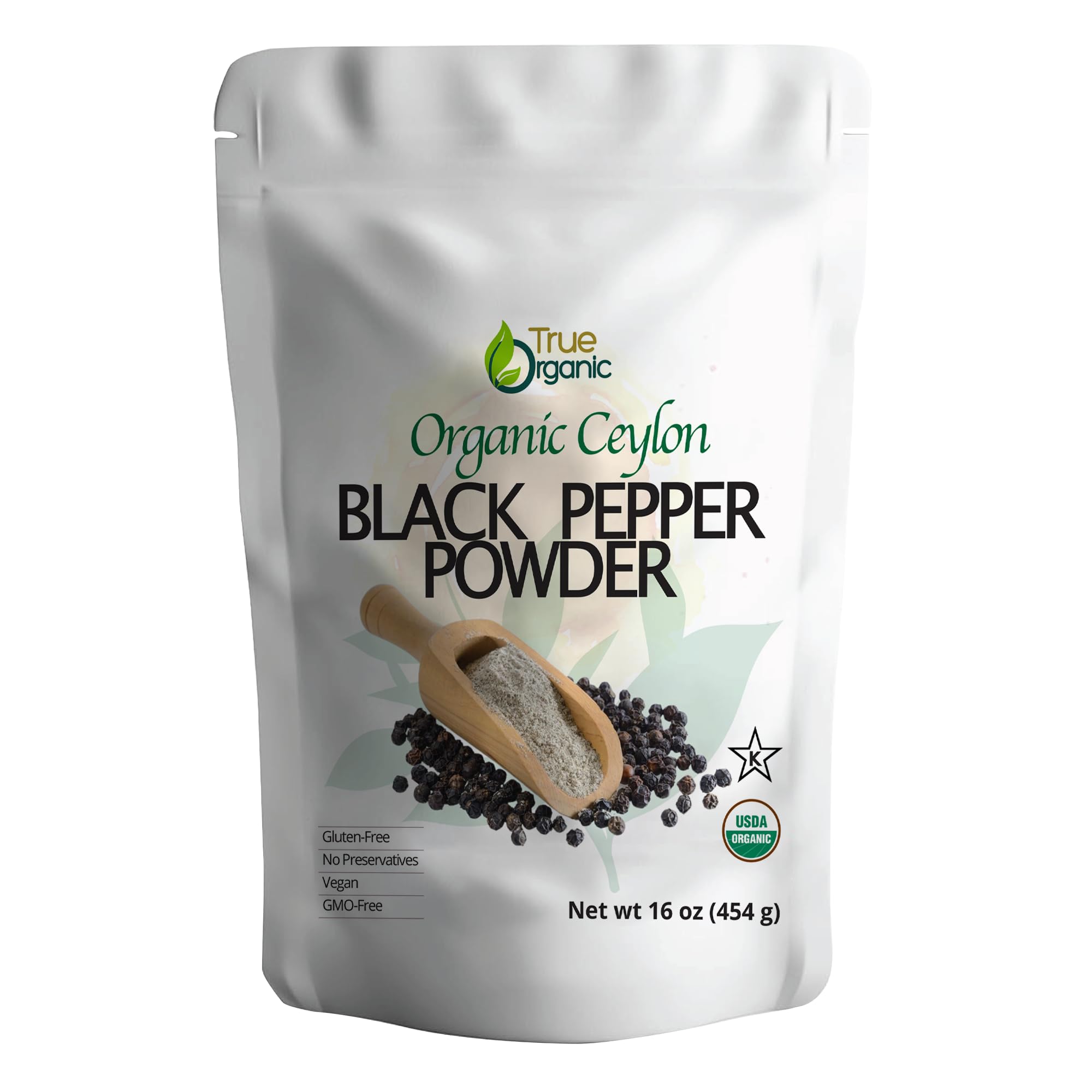 True Organic Black Pepper Ground, 1 lb, Gluten-Free Premium Grade, Fine Ground Pepper USDA & Kosher Certified, Pure Ceylon Quality, Non-GMO Black Pepper Powder.