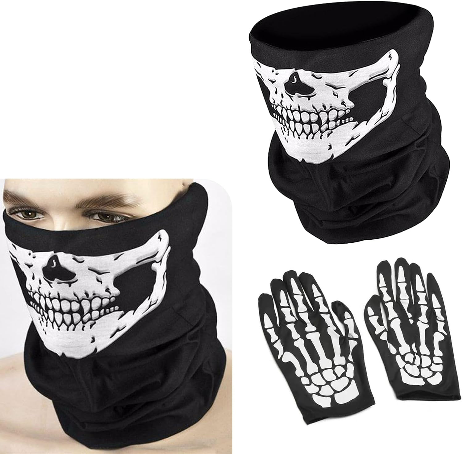 3 PCS Outdoor Motorcycle Riding Neck Tube Gloves Mask, 9.5" x 19" Skull Design High Elastic Breathable Soft Fabric Halloween Atmosphere Decorative Sun Protection Neck Mask (Black)