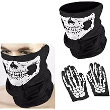 3 PCS Outdoor Motorcycle Riding Neck Tube Gloves Mask, 9.5" x 19" Skull Design High Elastic Breathable Soft Fabric Halloween Atmosphere Decorative Sun Protection Neck Mask (Black)