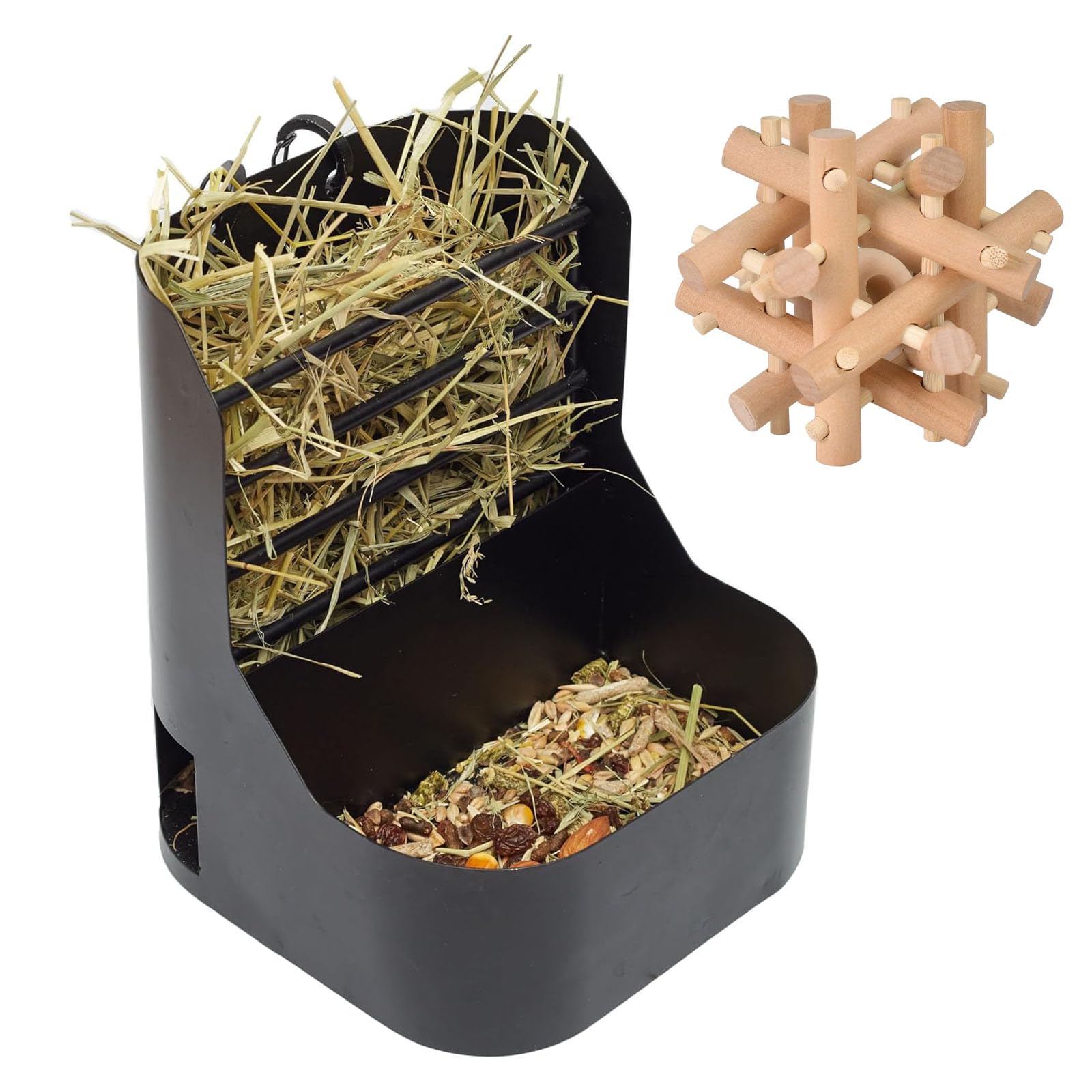 Trustic Bundle - Hay and Food Feeder for Rabbit, Guinea Pig, Bunny, Chinchilla, Heavy Duty Metal Bin and Wooden Chewing Toy for Small Animals Colorless