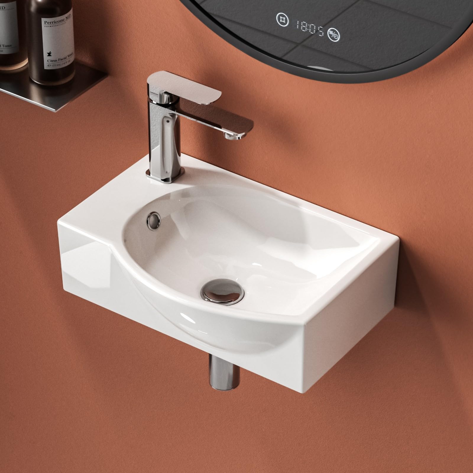 EMKEWall Mounted Cloakroom Basin Small Corner Sink Rectangular Countertop Basin Ceramic Bathroom Vessel Sink White Bathroom Sink 40 x 28 x 14 cm (LxWxH) - One Right Hand Tap Hole