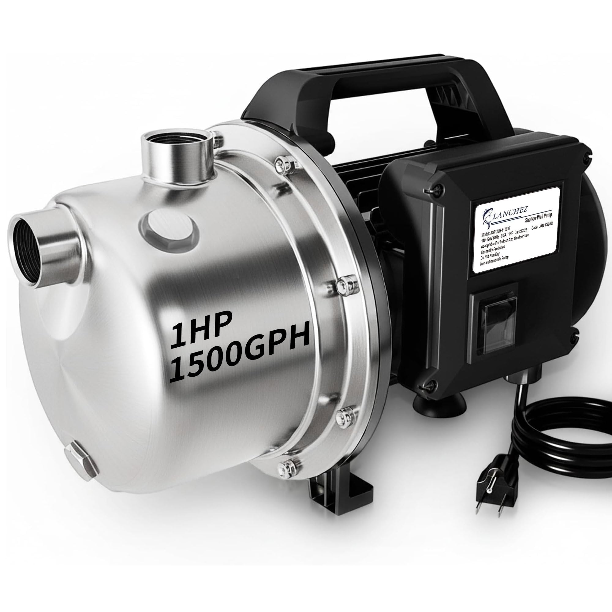 LANCHEZ 1 HP Shallow Well Pump, 1500 GPH Stainless Steel Garden Irrigation Pump, 115V Water Transfer Pump