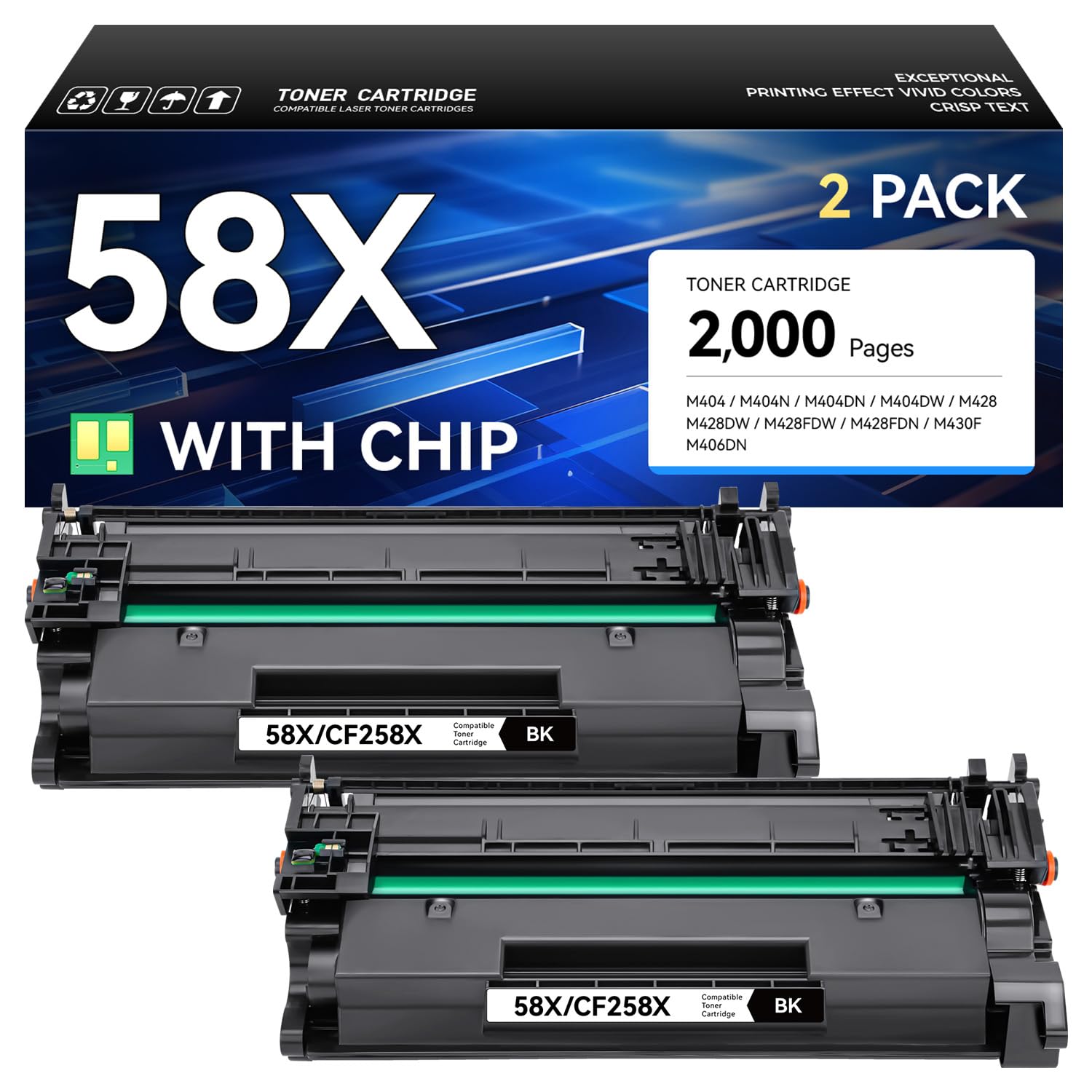 58X Toner Cartridge Black 2-Pack with Chip High Yield Replacement for HP 58X CF258X 58A Compatible with HP Laserjet Pro MFP M428dw M428fdn M428fdw M404dn M404dw M404n Enterprise M430f M406dn Printer