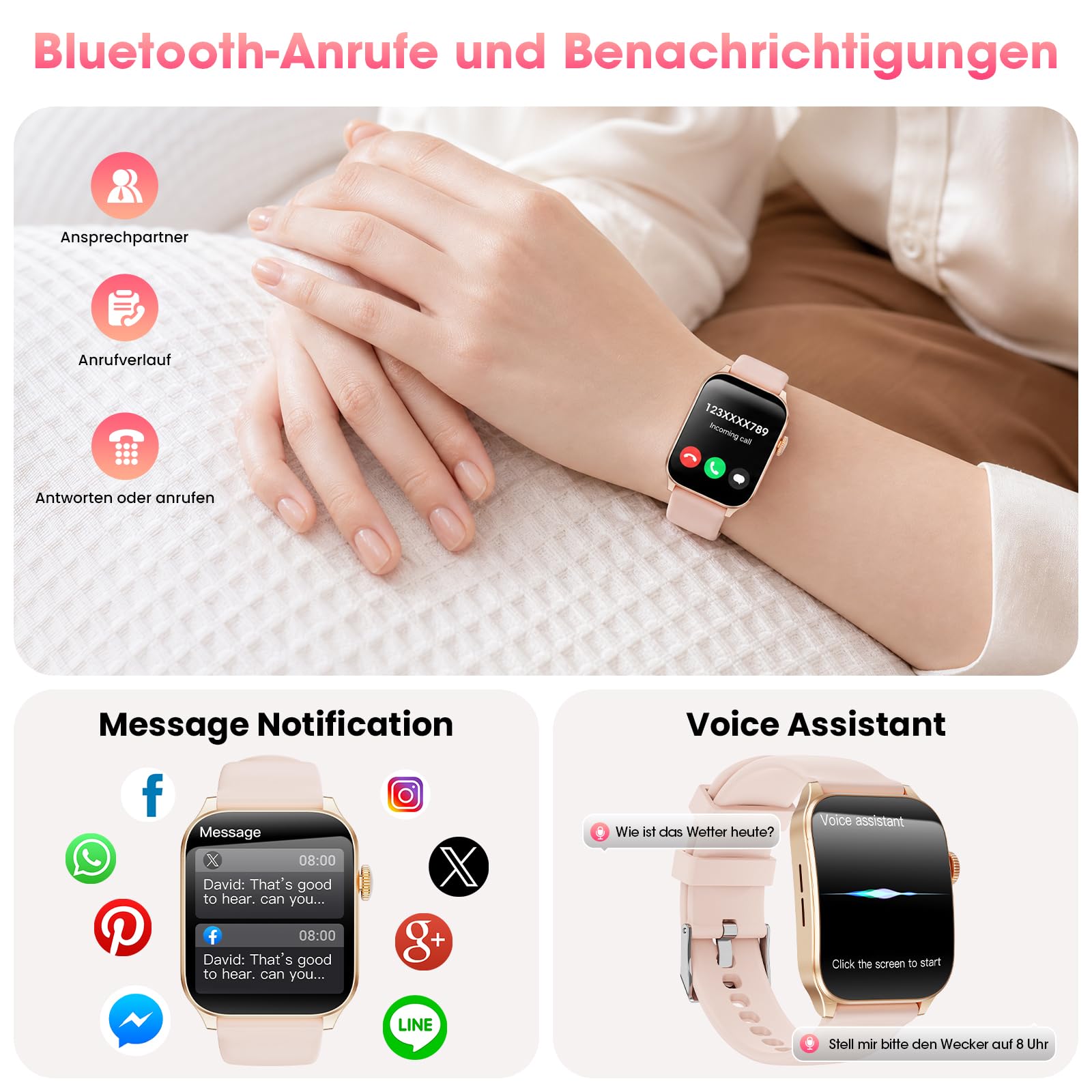Smartwatch Damen, 1,91" HD-Kurvdisplay mit 7 Armbänder/Geschenkbox