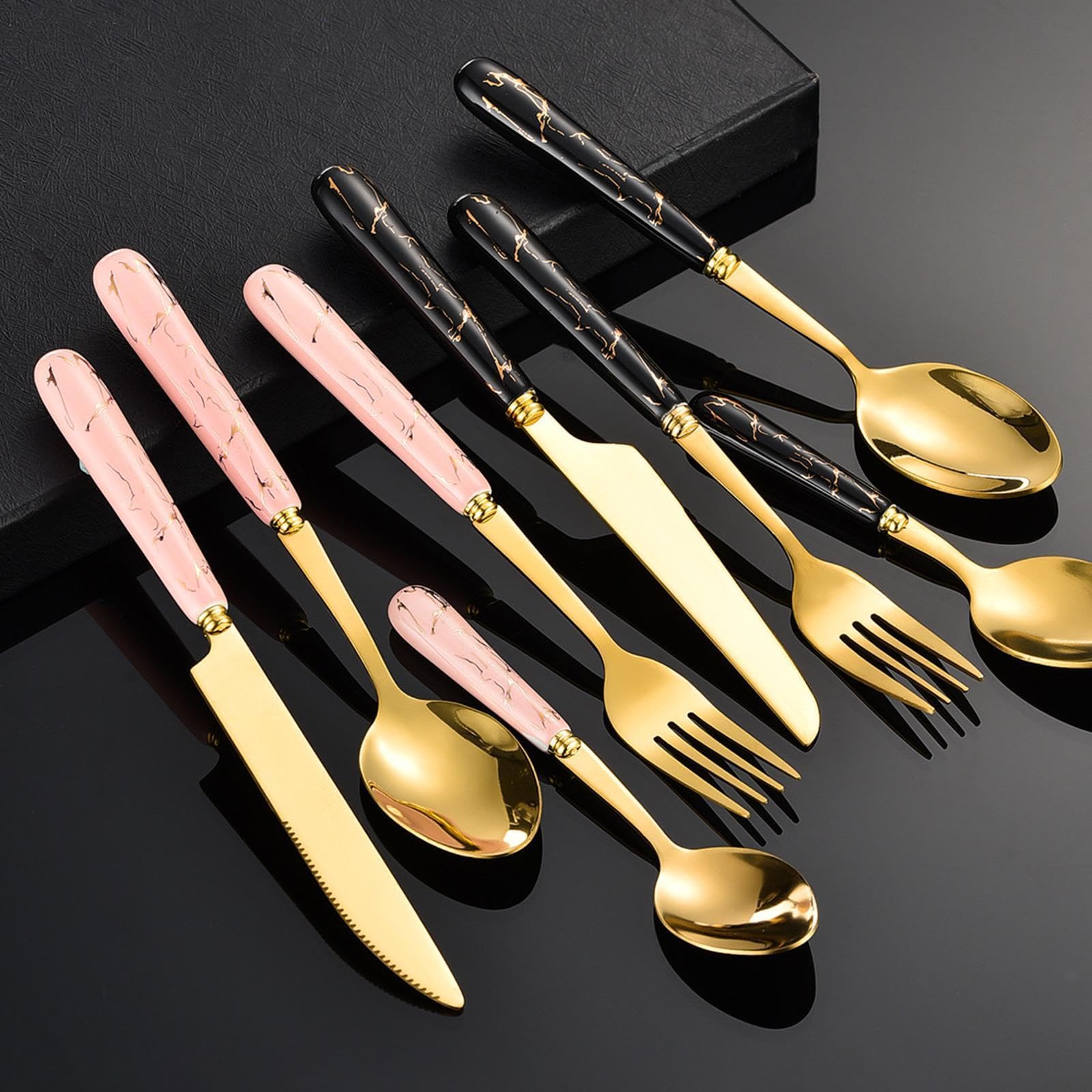 25 Piezas Vajilla de Cubiertos Acero Inoxidable Cerámica Ergonómica Pulido Soporte Colgante para Cenas Fiestas Y Hogar, Oro Blanco, Individual