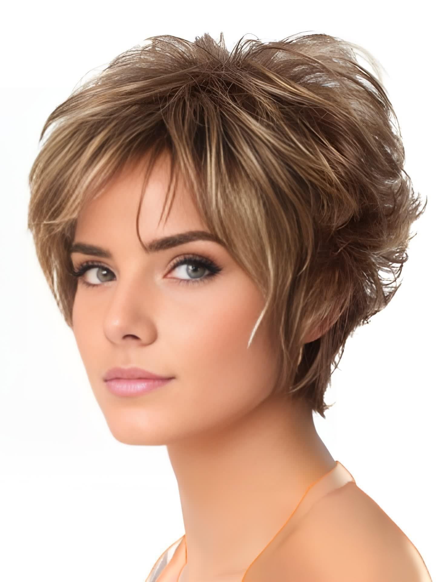 Pixie Layered Short Blonde Brown Wigs for White Women With Bangs Realistic Wig Synthetic Heat Resistant Wigs Daily Use Wig