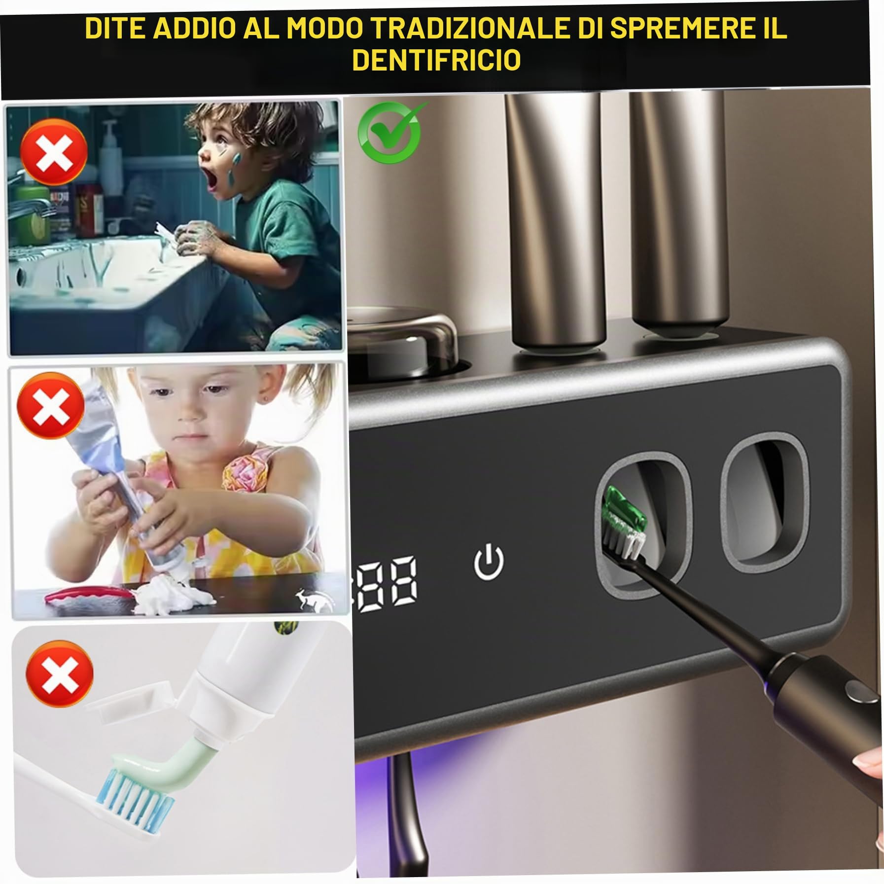 Portaspazzolino intelligente con sterilizzazione UV, dispenser automatico di dentifricio con funzione di asciugatura, bianco