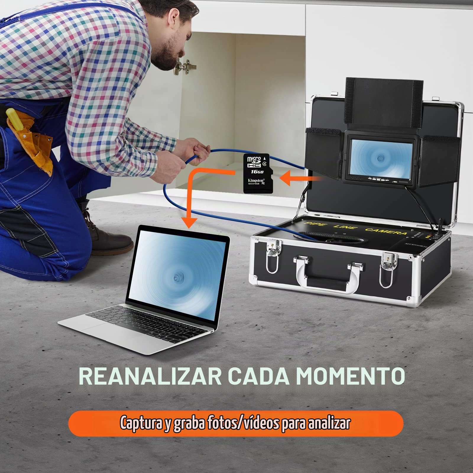 VEVOR Cámara de Inspección de Tuberías Longitud de 30 m Pantalla Endoscopio 7" con IP68 Impermeable DVR 12 LED Ajustable 16GB Tarjeta SD 1000TVL para Tubería Alcantarillado Hogar Drenaje Fontanería