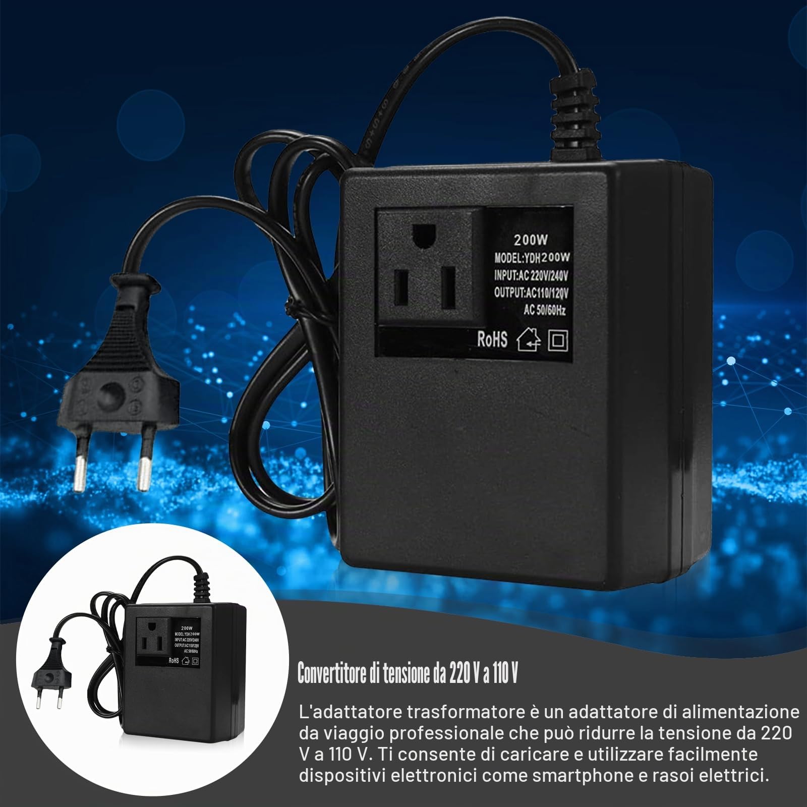 Trasformatore di tensione da 220 V a 110 V, 200 W, adattatore di alimentazione passo verso il basso, adattatore di corrente da viaggio, convertitore di tensione, spina EU