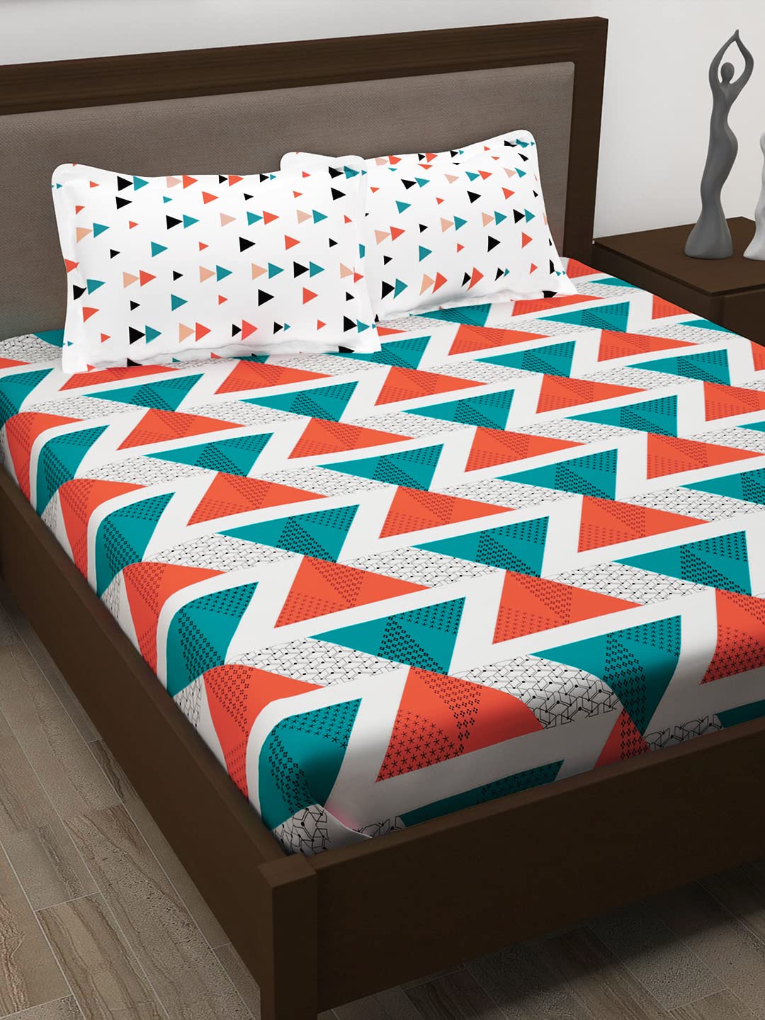 Story@Home Metro Collection 186 TC 100% Cotton King Size Bedsheet with 2 Pillow Covers (Teal Blue & Orange)