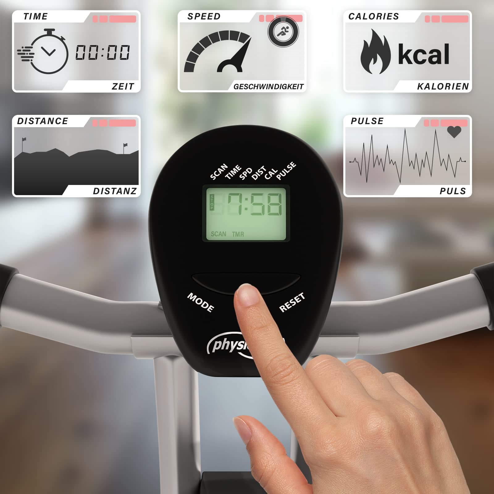 Physionics® Rower treningowy – wyświetlacz LCD, regulowany, składany, do 120 kg, szary, z kółkami transportowymi, pulsometrem, uchwytem na telefon – ergometr, trener rowerowy, domowy, rower fitness,