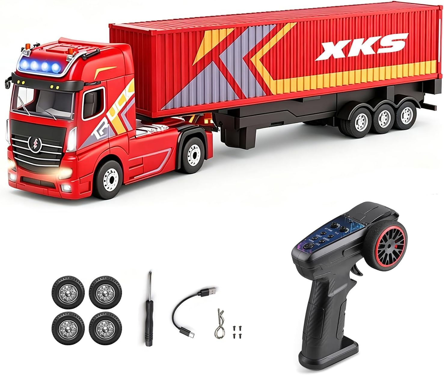 WLtoys RC Semi Truck with Trailer, 2.4G Remote Control Container Truck, 1/64 Carrier Van Transport Vehicle with Racing Tires, LED Lights and Sound Effect, Cruise Control