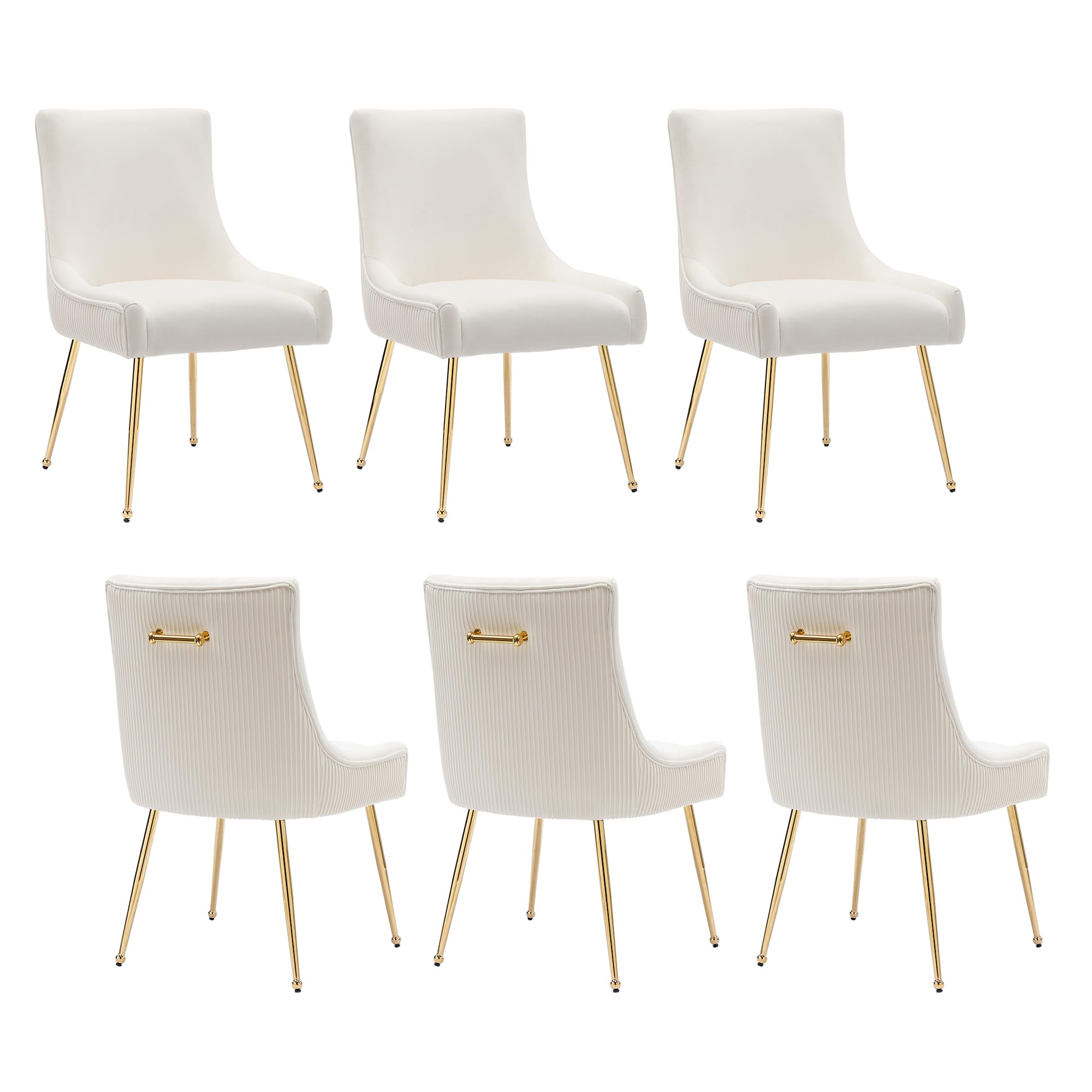 adochr Velvet Dining Chairs Set of 6 with Gold Metal Legs, Modern Upholstered Kitchen Chair with Pull Handle & Pleated Back, Mid Century Accent Chair