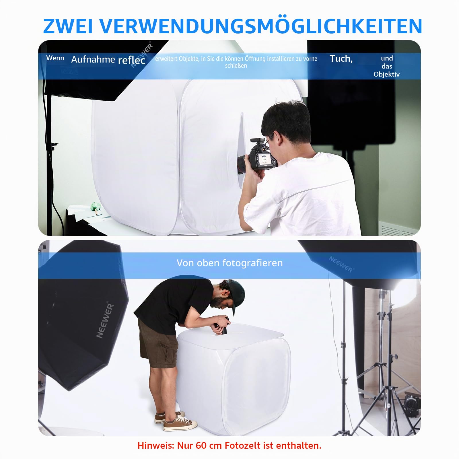 Neewer 24x24 Zoll/ 60x60cm Fotostudio Aufnahme Zelt Lichtwürfel Diffusions Soft Box Set mit 4 Farben Hintergründe(Rot Dunkelblau Schwarz Weiß) für Fotografie – Bild 6