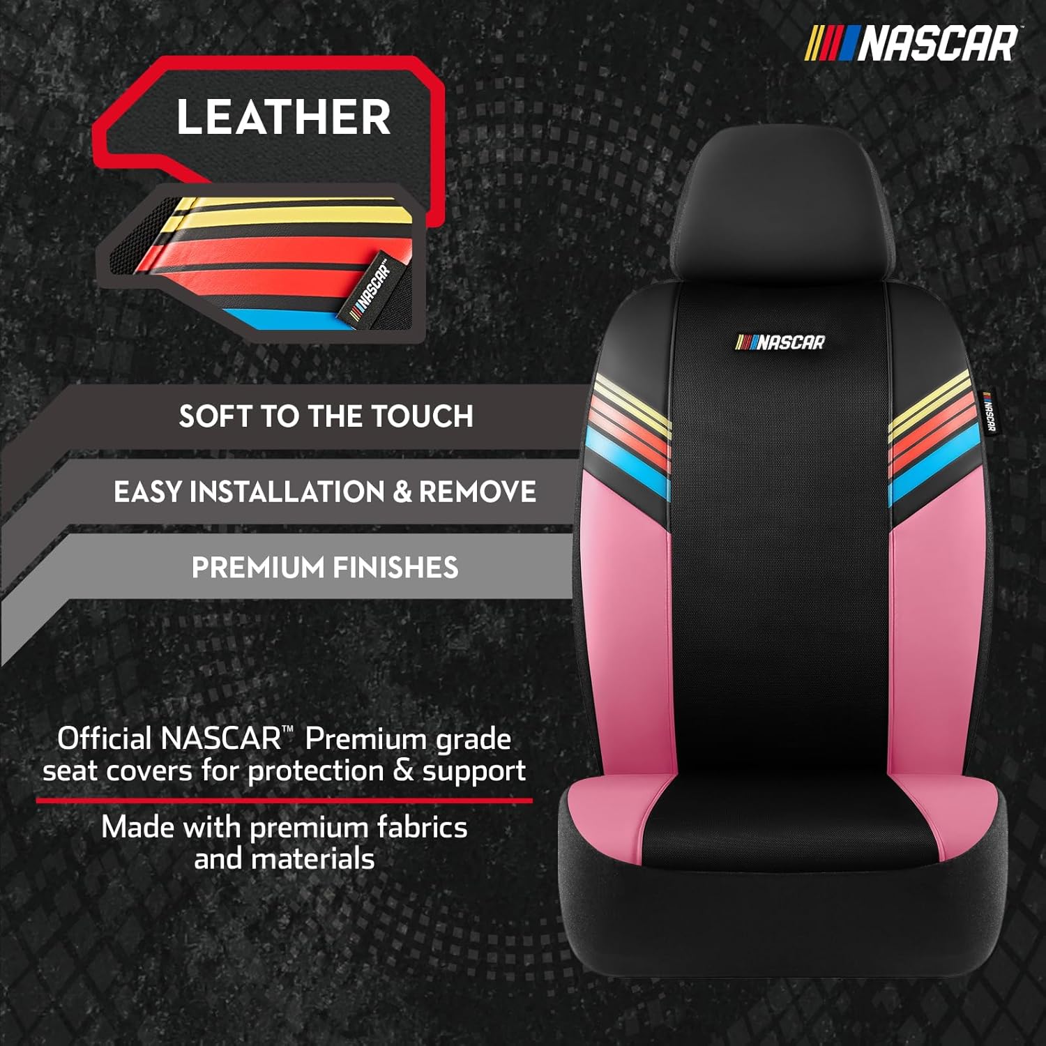 NASCAR Car Seat Covers, Pink Leather and Mesh Seat Covers, Universal Fit Front Seat Covers for Cars with Airbag-Compatible Design, Durable Racing-Inspired Car Interior for Cars, Trucks & SUVs