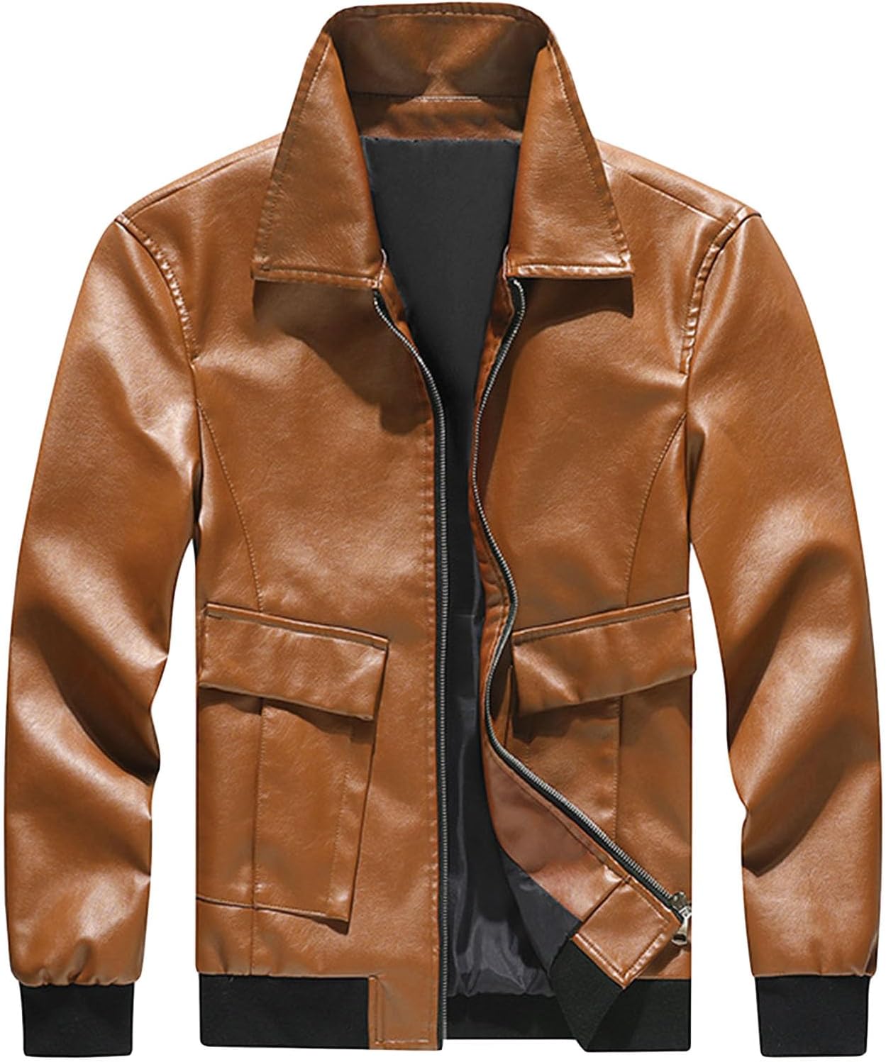 Men's Lapel Leather Jacket Male Elastic Hem Faux Leather Jacket Men Casual Large Pocket Autumn Leather Outwear