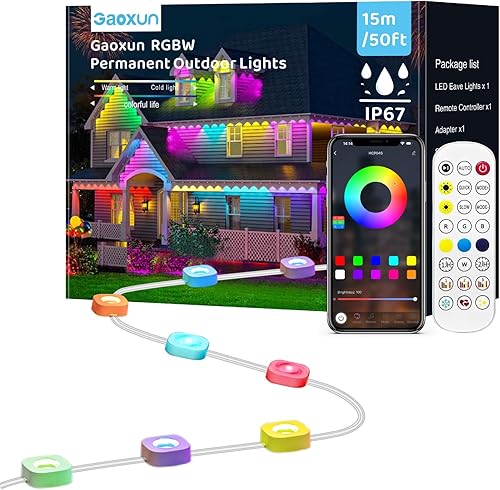 Miniatura 9 de Gaoxun Luces permanentes para exteriores de 200 pies, luces LED inteligentes de Navidad RGBW con 72 LED, control por aplicación/control remoto,