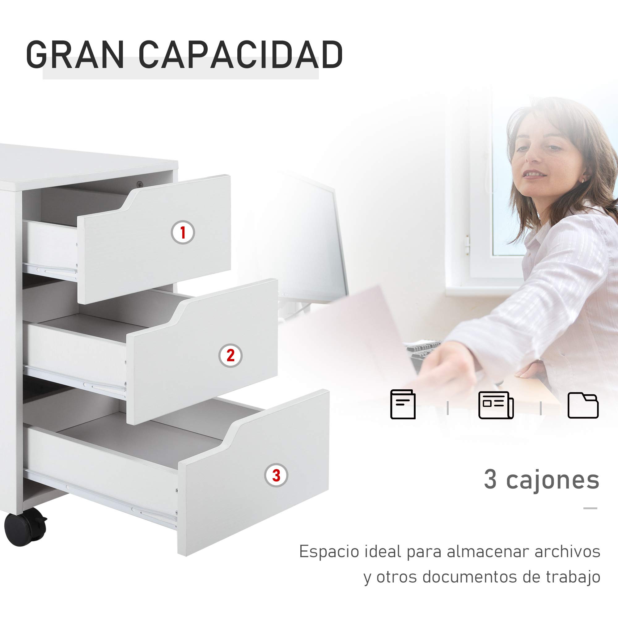 HOMCOM Cajonera de Oficina con Ruedas Mueble Archivador con 3 Cajones Cajonera para Escritorio Estudio 40x50x57,5 cm Blanco