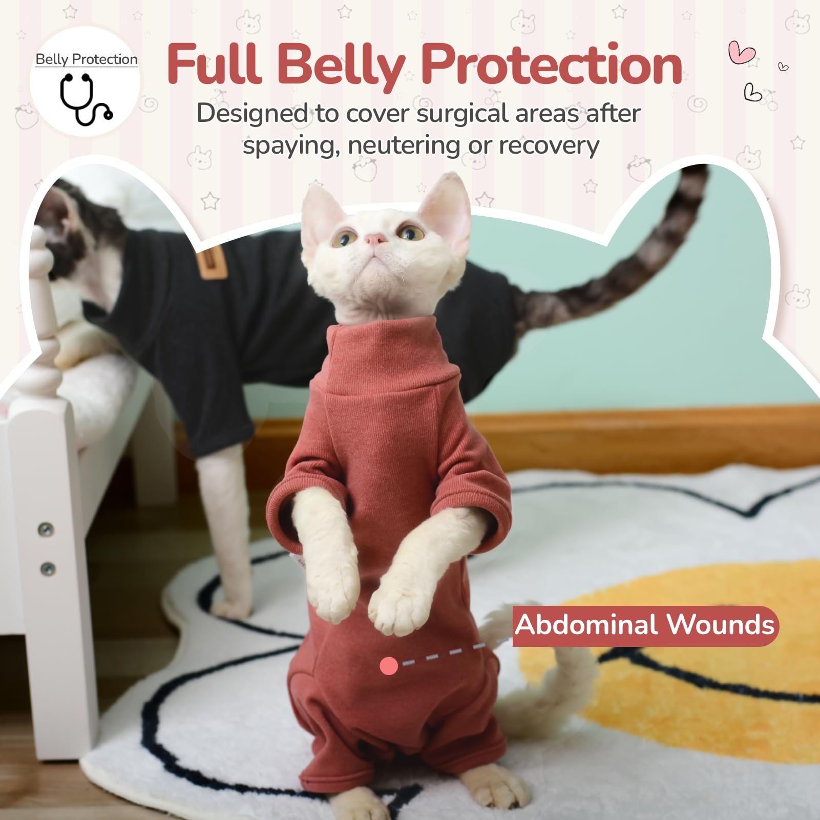 Traje Post operatorio Gato, Body Gato sin Pelo, Ropa recuperación Gato Polar cálida, Body Gato elástico 4 Patas, protección Tras cirugía, Rojo Óxido XXL
