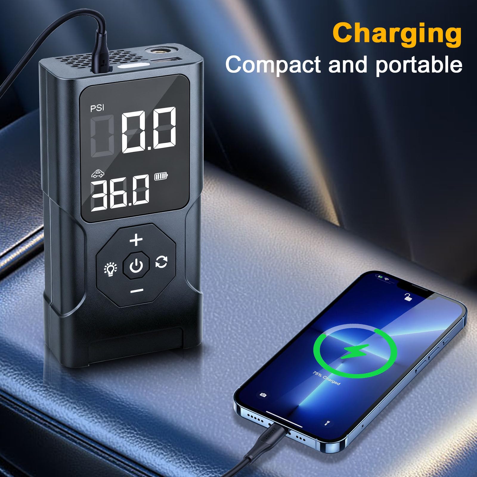 EFaith Compresseur À Air Portatif, gonfleur pneus voiture, Pompe À Velo Gonfleur Electrique, Gonfleur Pneu Sans Fil avec Batterie 3600mAh & 12V DC, LED et Arrêt Automatique Pour Voiture Vél Basket-bal
