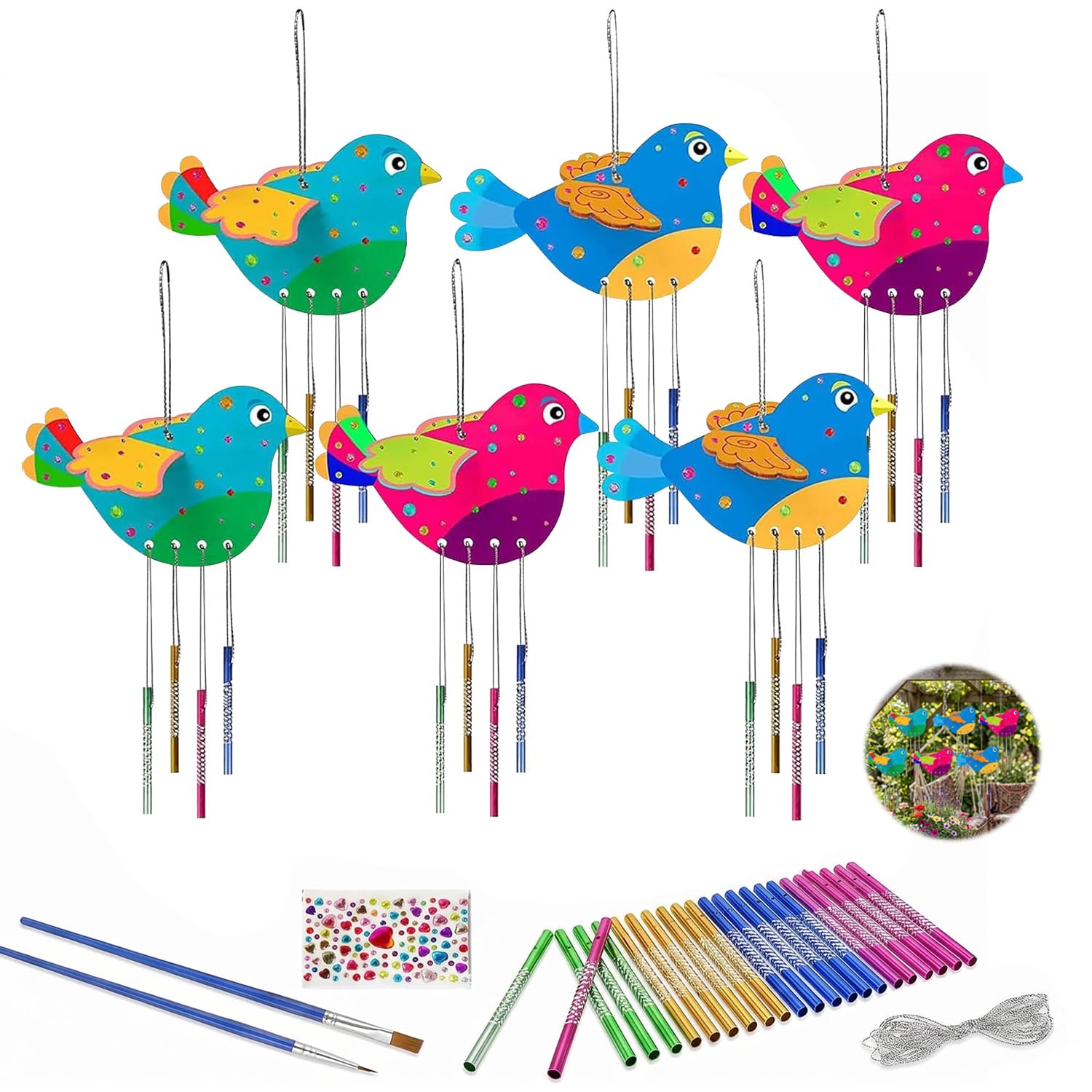 ElvenJoy 6 Pack Bird Wind Chime Kit, Wooden DIY Craft Set for Kids to Paint and Decorate, Bird-Shaped Wind Chimes for Garden or Party Activities