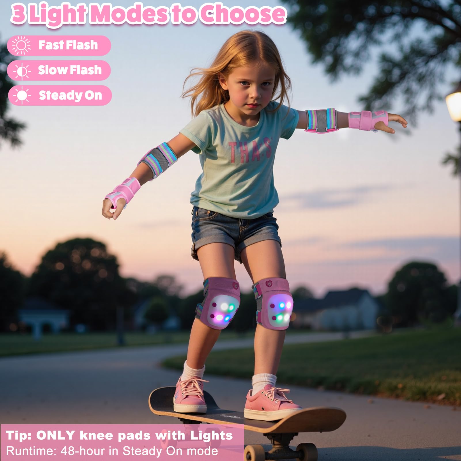 Knee Pads for Kids with LED Lights, Kids Knee Pads and Elbow Pads Wrist Guards Set with Drawstring Bag for Girls 3-8 Years Adjustable Protective Gear Set for Scootering Cycling Skateboarding