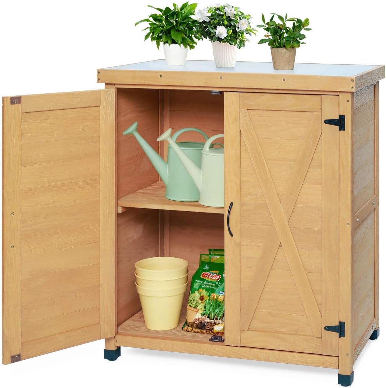 31 x 18 Inch Solid Wood Potting Table with Metal Top, Light Brown