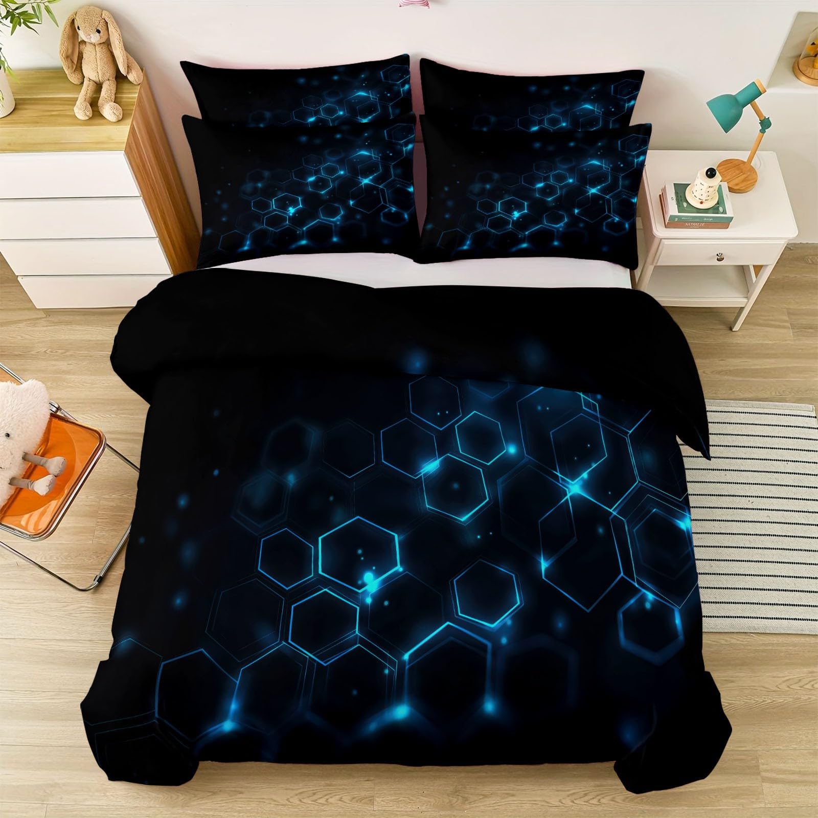 Czarny 230 x 220 cm oddychający zestaw poszewek na kołdrę, abstrakcyjna geometryczna linia, sześciokąt, miękka, łatwa w pielęgnacji poszewka na kołdrę z mikrofibry, minimalistyczny zestaw pościeli