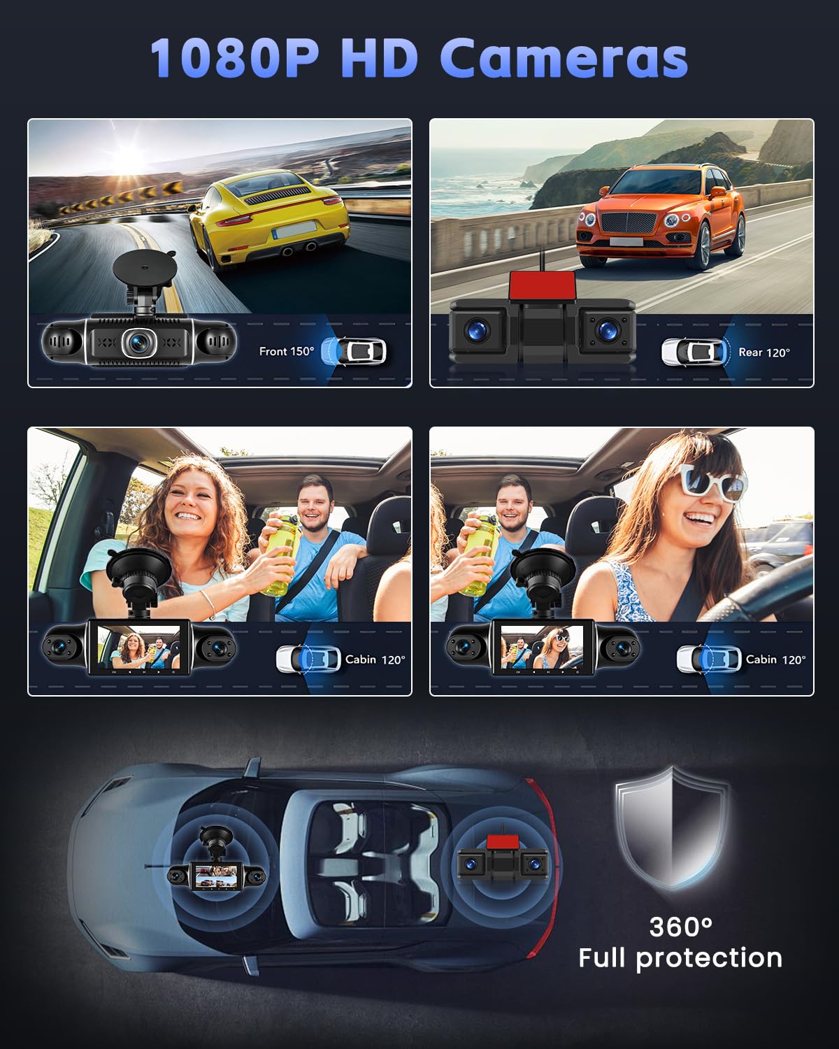 Hikity 5 Channel Dash CAM, 360 ° Dash CAM 1080P * 4 Delantero y Trasero Interior Izquierdo Derecho, Cámara de Coche con Tarjeta de 64GB - Wi-Fi, Grabación en Bucle, G-Sensor, Visión Nocturna