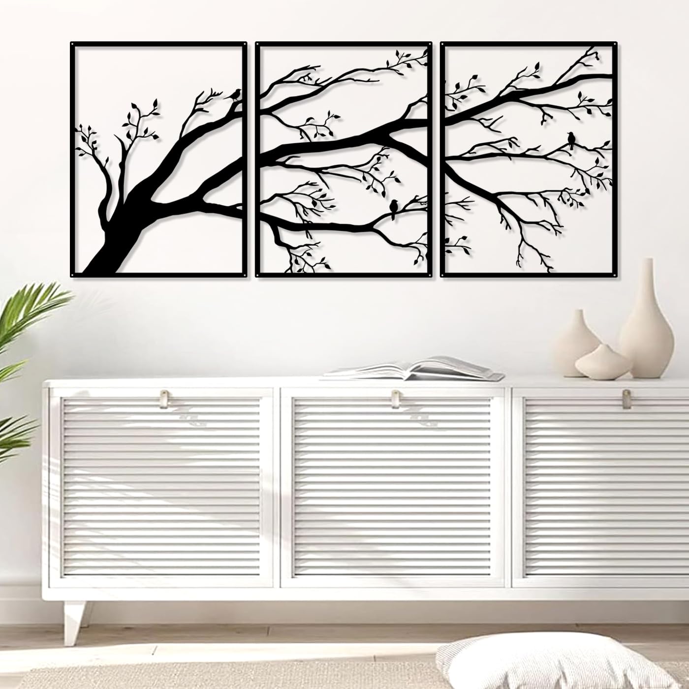 Conjunto de 3 grandes árbol de la vida de pared decorativa,decoración de la pared de metal,señal de árbol,pájaros en rama escultura de metal para el hogar jardín oficina interior al aire libre