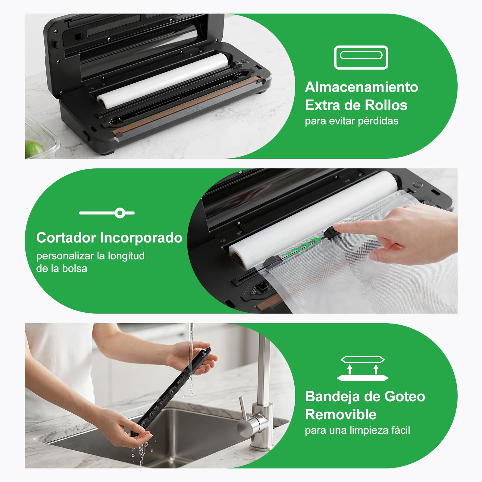 Aigostar Envasadora al Vacío, 9L/min, Pantalla Digital, Bandeja Extraíble | Envasadora al Vacío Doméstica con 6 Modos, Función Moist+, Cortador y Almacén de Rollos, Incluye 10 Bolsas y 2 Rollos