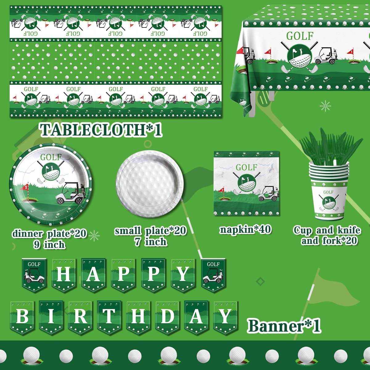 Golf Party Decoration,142PCS Sports Tableware Golf Plates and Napkins Golf Party Supplies Include Happy Birthday Banner Golf Tablecloth for Golf Birthday Party Decoration