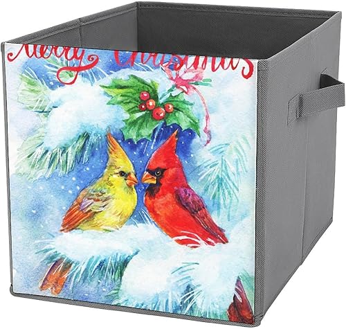 MEIKKO Watercolor Winter Cardinals Mistletoe Collapsible Fabric Storage Cubes Organizer with Handles,vintage Christmas Closet Organizers for