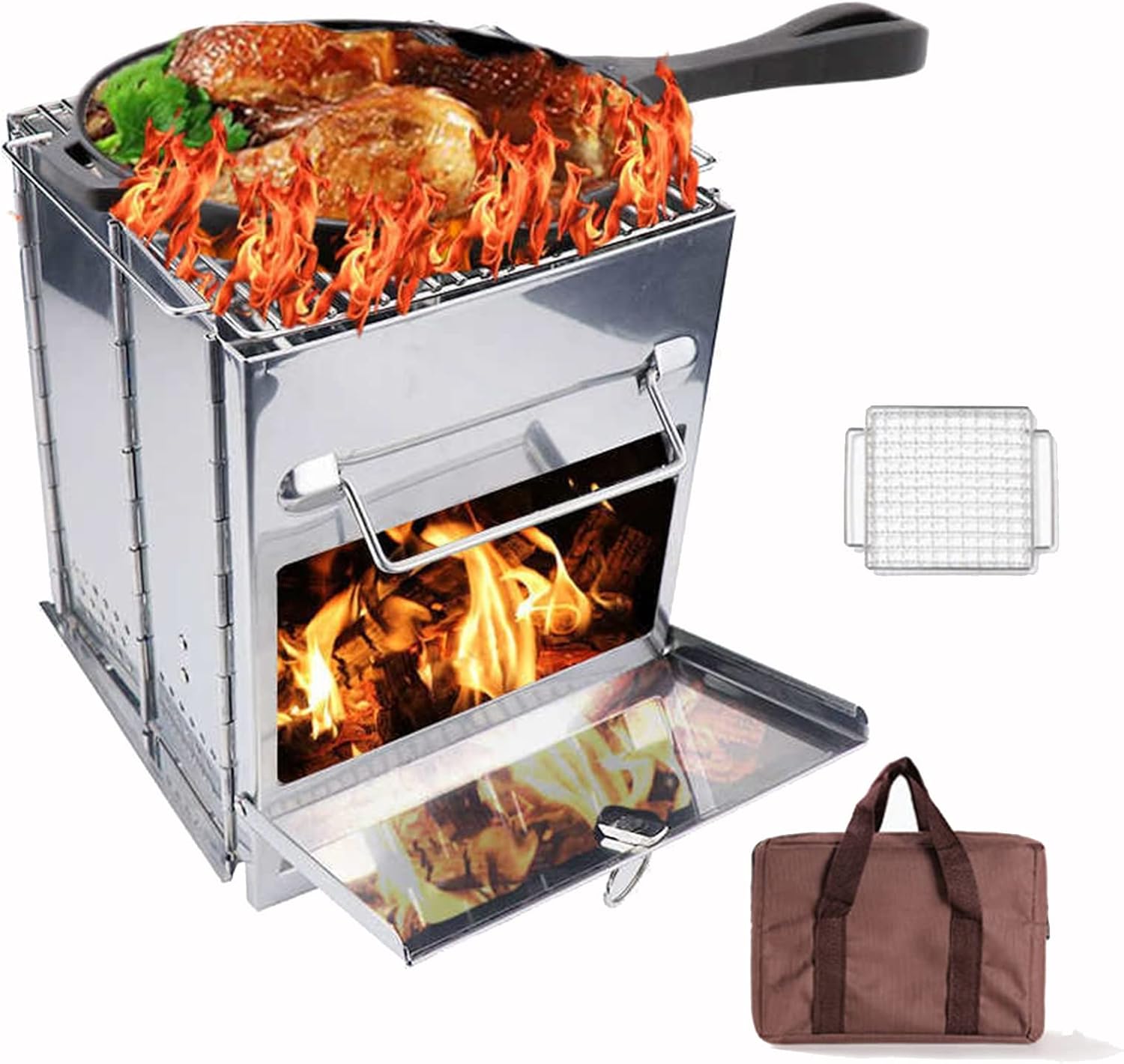 Backpacking Stove, Camping Wood Stove, Folding Camp Stove, Wood Burning Stove, Portable Fire Pit for Outdoor Cooking, with Grill + Tote Bag(L)