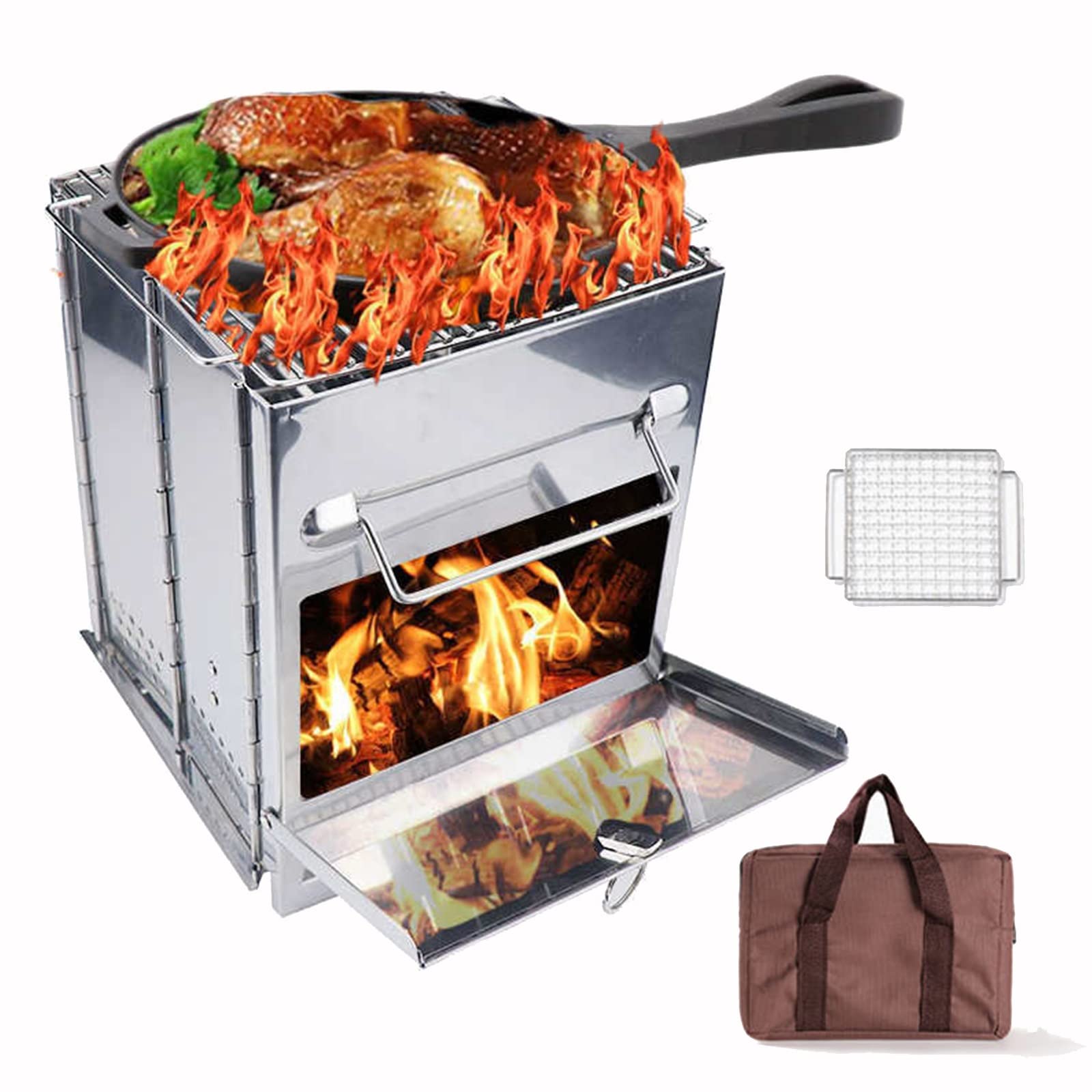 Camping Kocher, Kaminofen Holzofen, Survival Ausrüstung Faltbar Raketenofen mit Grillpfanne & Tragetasche, Campingkocher Edelstahl Tragbar Kompakt Hobo Kocher für Picknick Reisen, Bushbox(L)